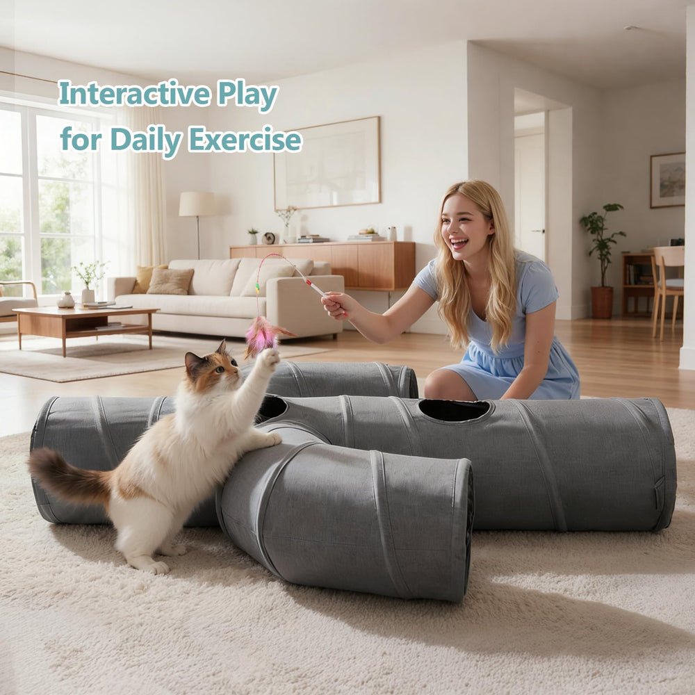 Ownpets cat tunnel feather wand boosts engagement during interactive play.