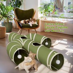 Ownpets cat tunnel features hanging ball toy for interactive play in green.