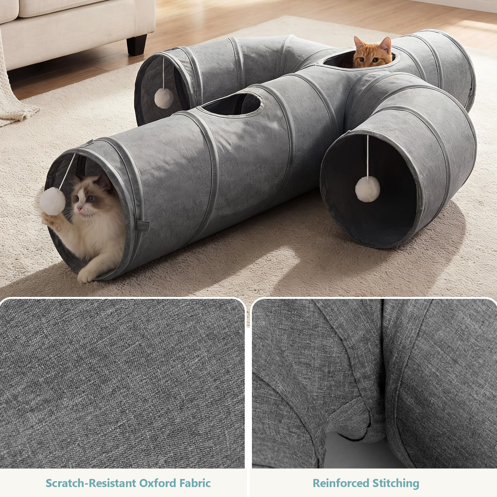 Ownpets cat tunnel hanging ball toy encourages playful hunting during indoor adventures.