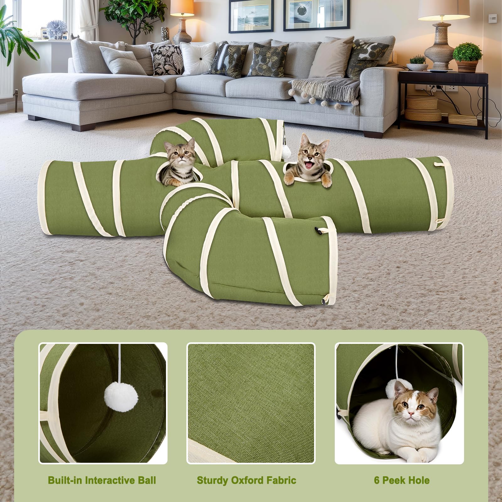 Ownpets cat tunnel shows peepholes in green design for quick peeks and exploration.