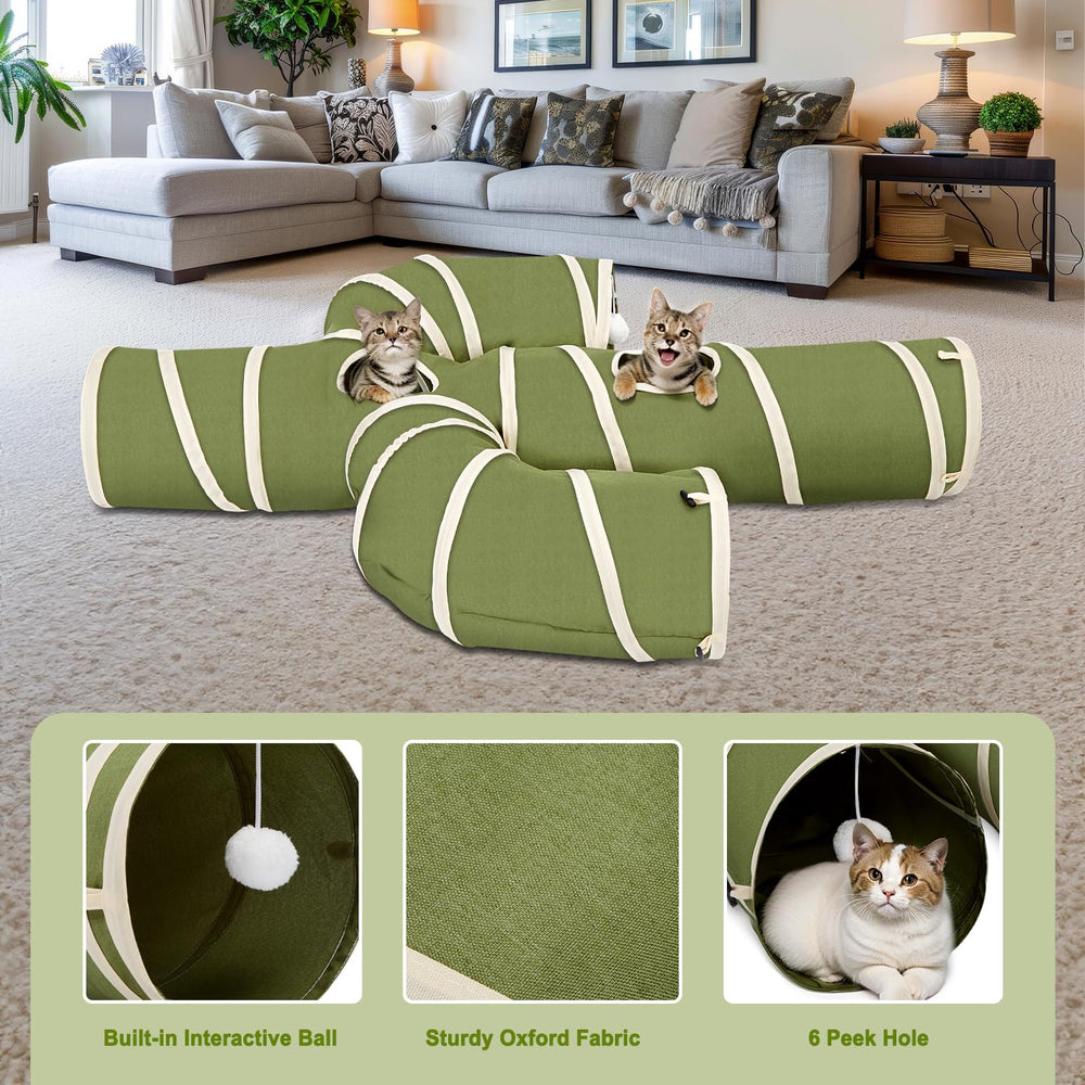 Ownpets cat tunnel shows peepholes in green design for quick peeks and exploration.