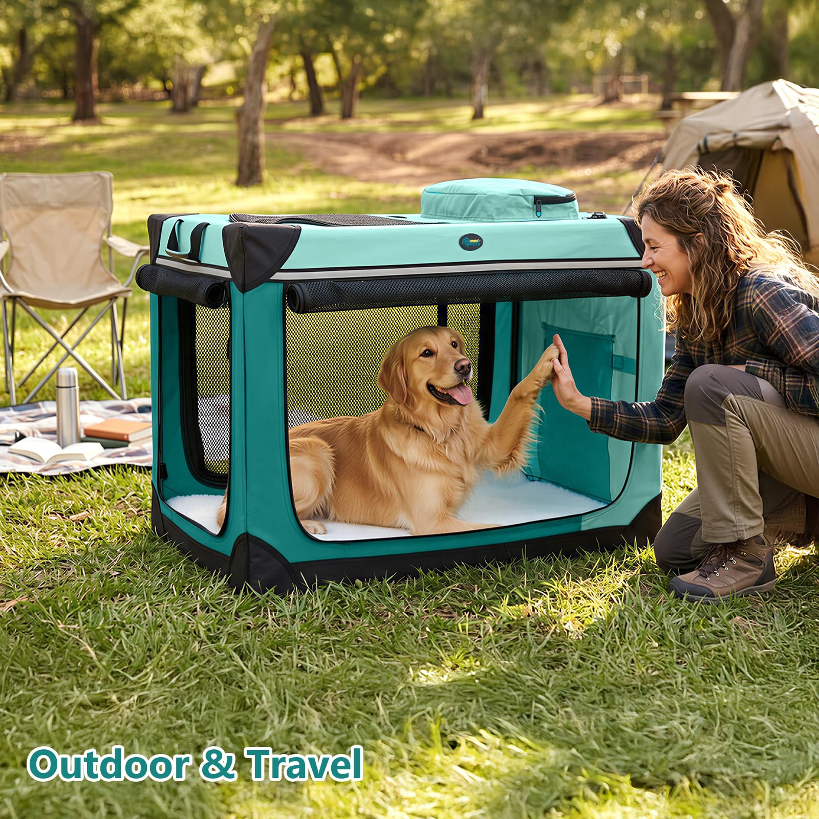 Ownpets collapsible dog crate removable cushion storage shows organized essentials