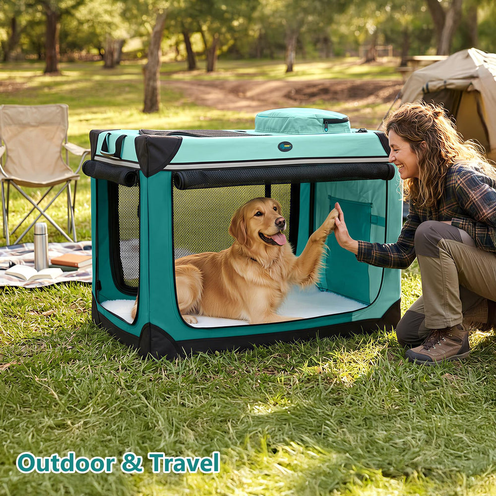 Ownpets collapsible dog crate removable cushion storage shows organized essentials