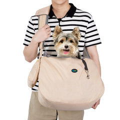 Ownpets Pet Sling Carrier in beige fabric offers breathable comfort for pets