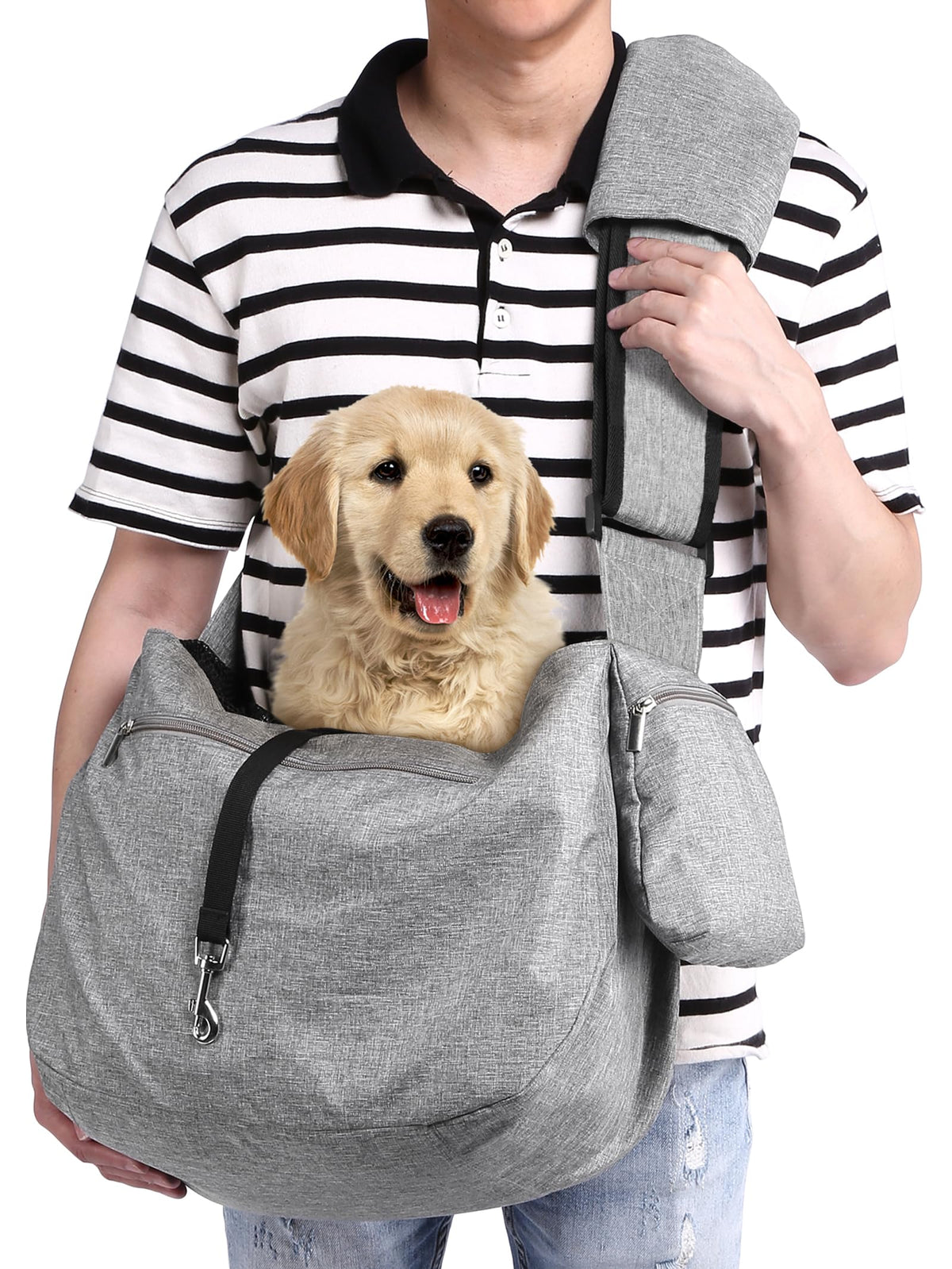 Ownpets sling carrier front pocket showing optional storage for snacks and keys