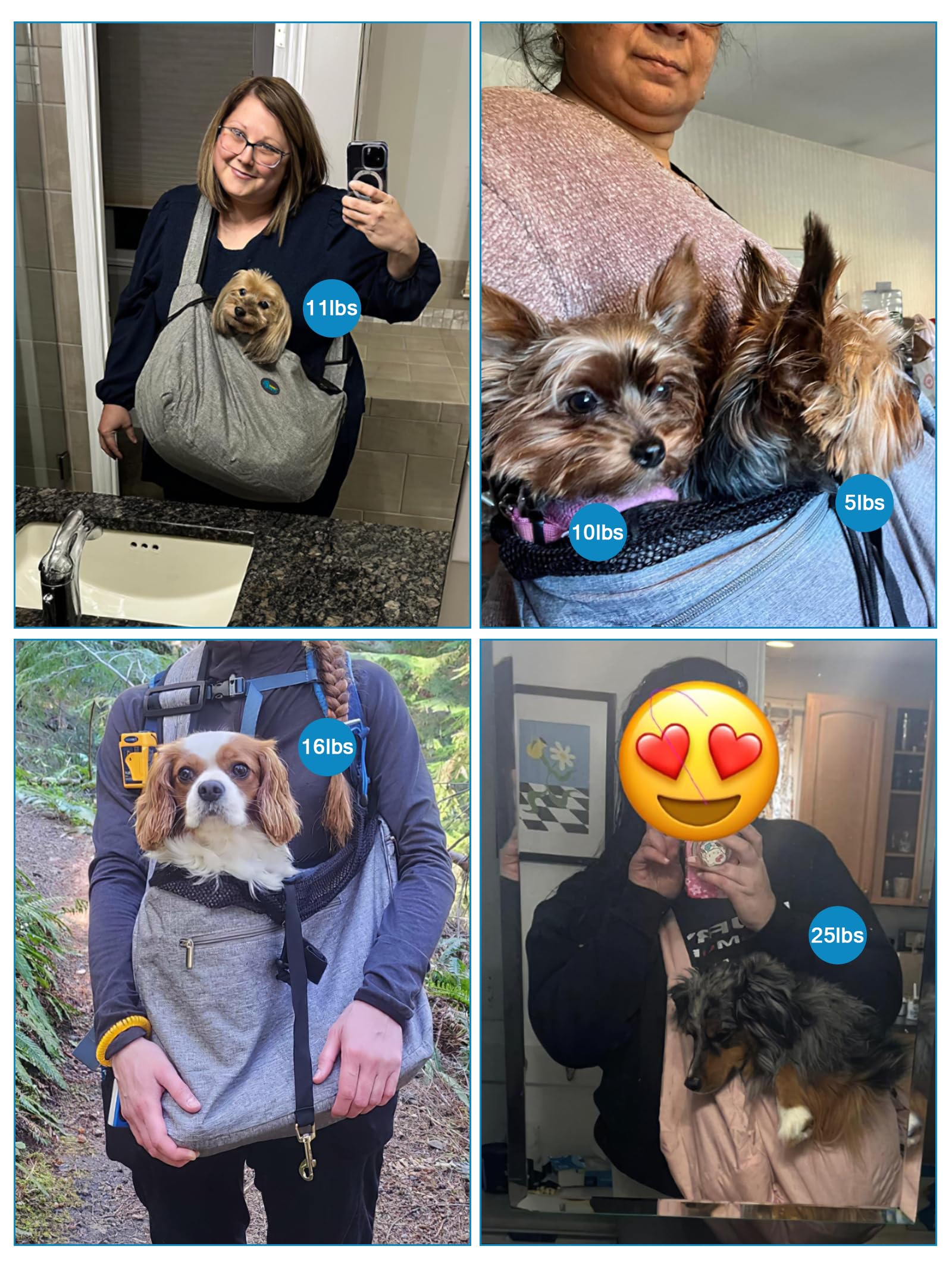 Size range of Ownpets sling carrier supporting pets 15–25 pounds
