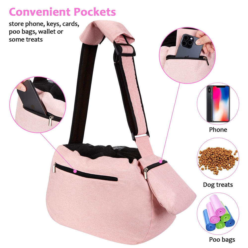 Ownpets pink sling carrier front pocket for snacks, keys, and essentials
