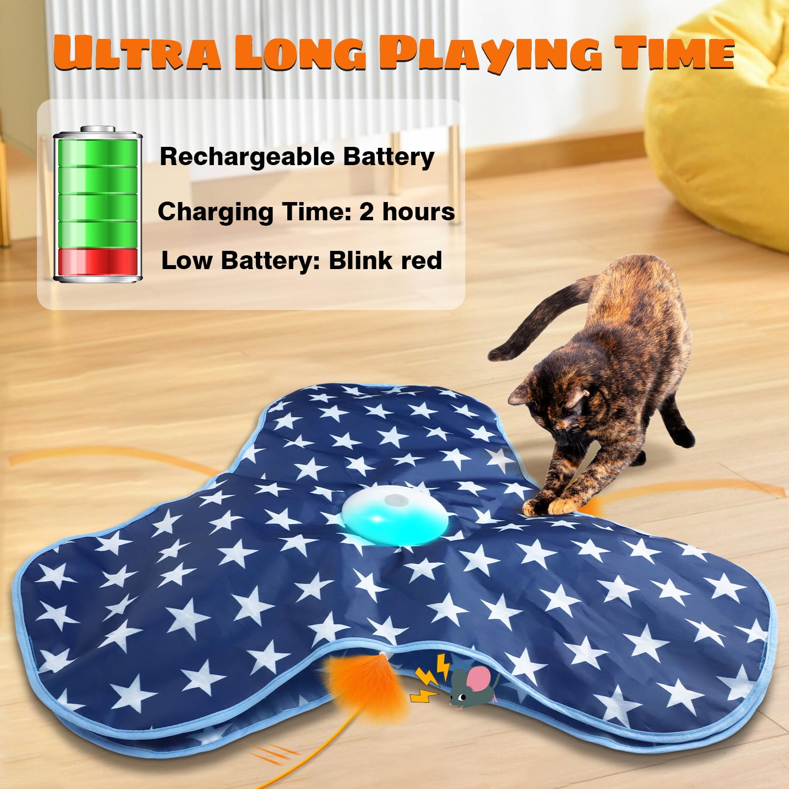 Oxawo rechargeable USB-C cat toy charges quickly for ongoing fun.