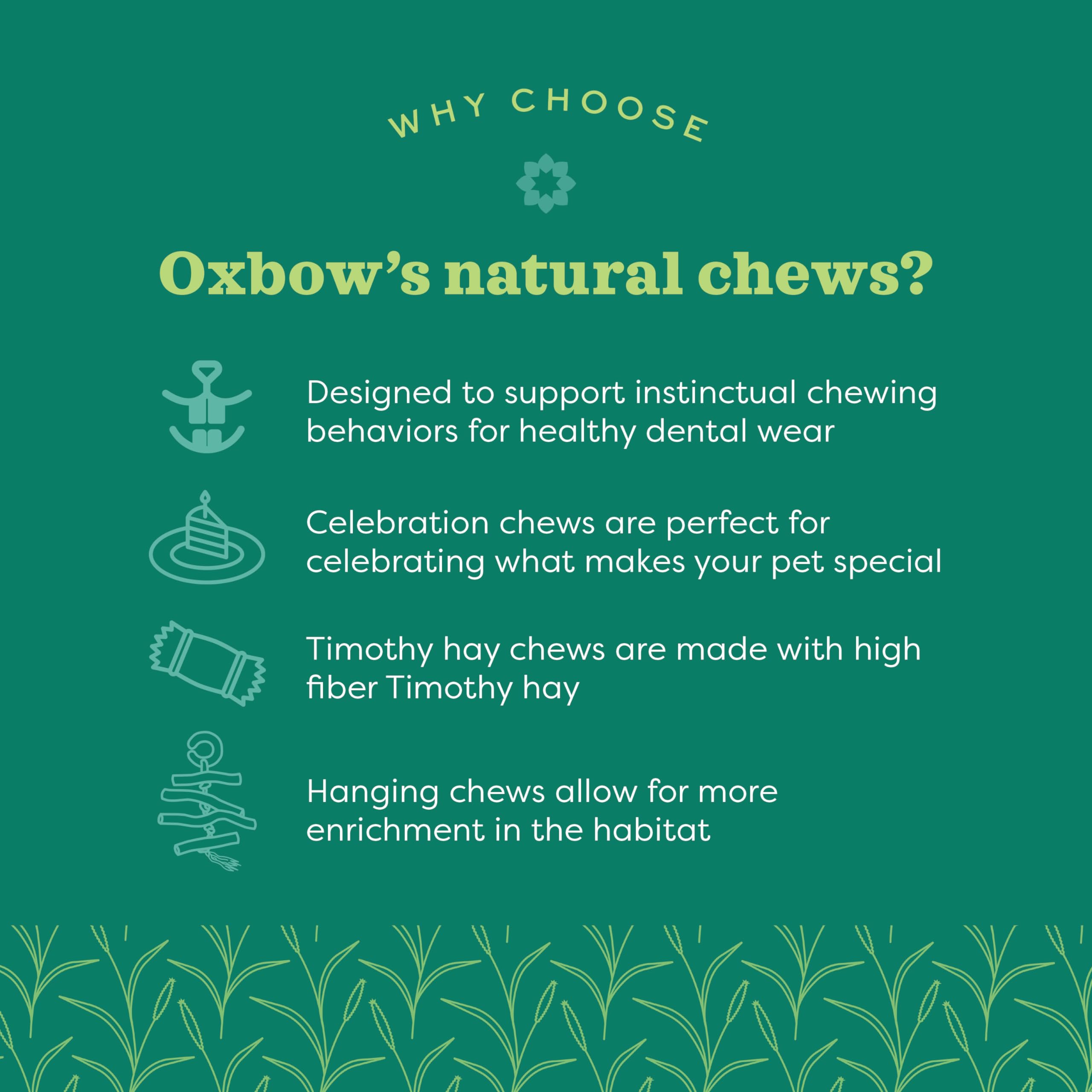 Oxbow Enriched Life dangly pack-bulrush-chew, natural fibers support instinctual chewing.