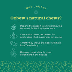 Oxbow Enriched Life dangly pack-bulrush-chew, natural fibers support instinctual chewing.