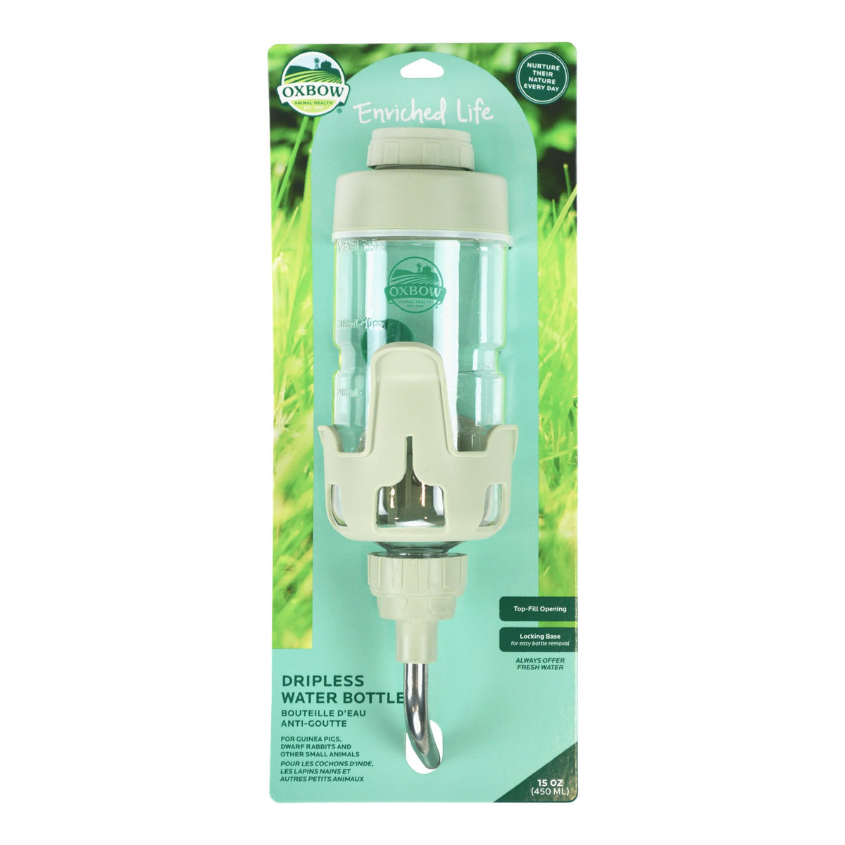 Oxbow Enriched Life dripless water bottle assembly attached to a cage for clean hydration