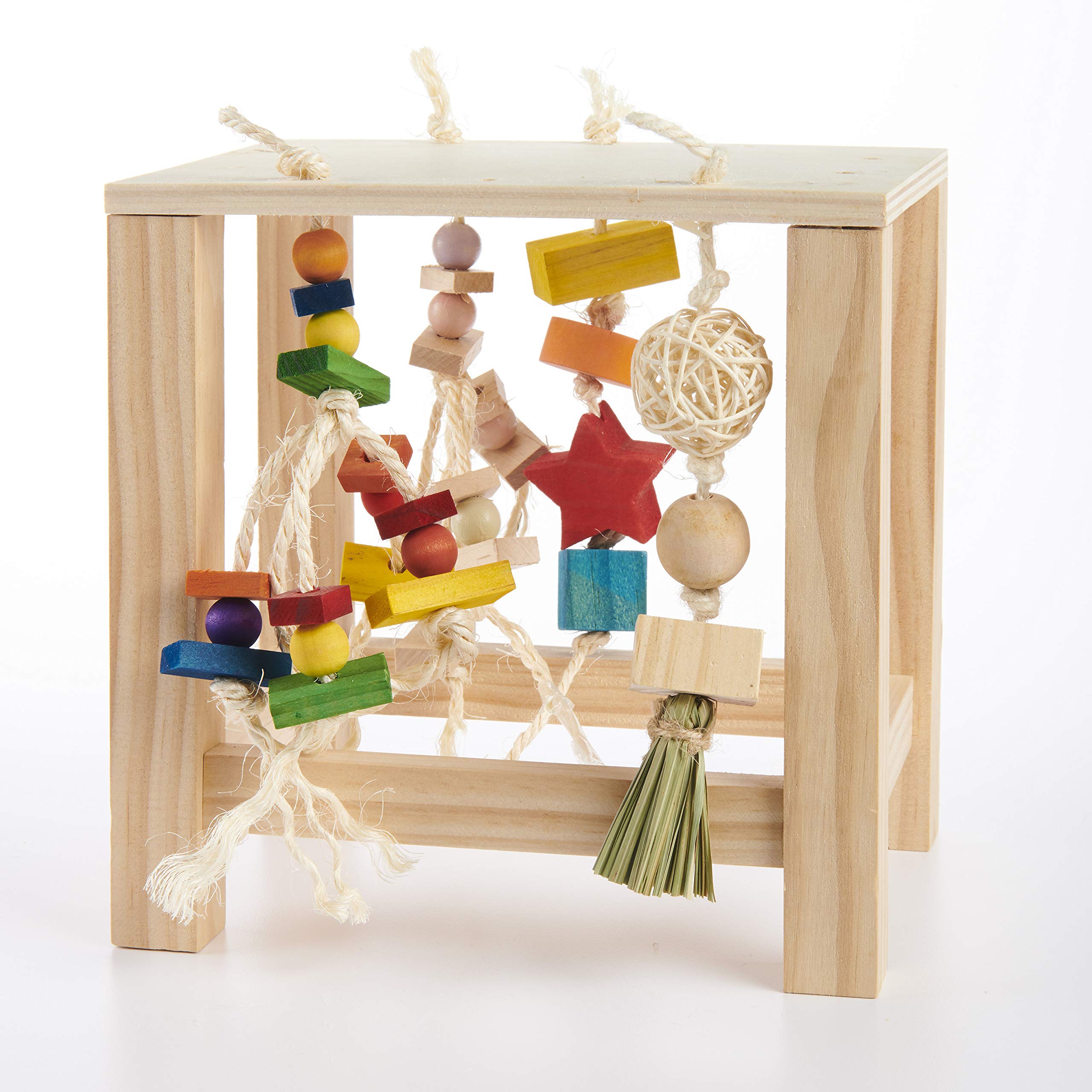 Oxbow Enriched Life Play Table dangling toys show varied textures for playful engagement.
