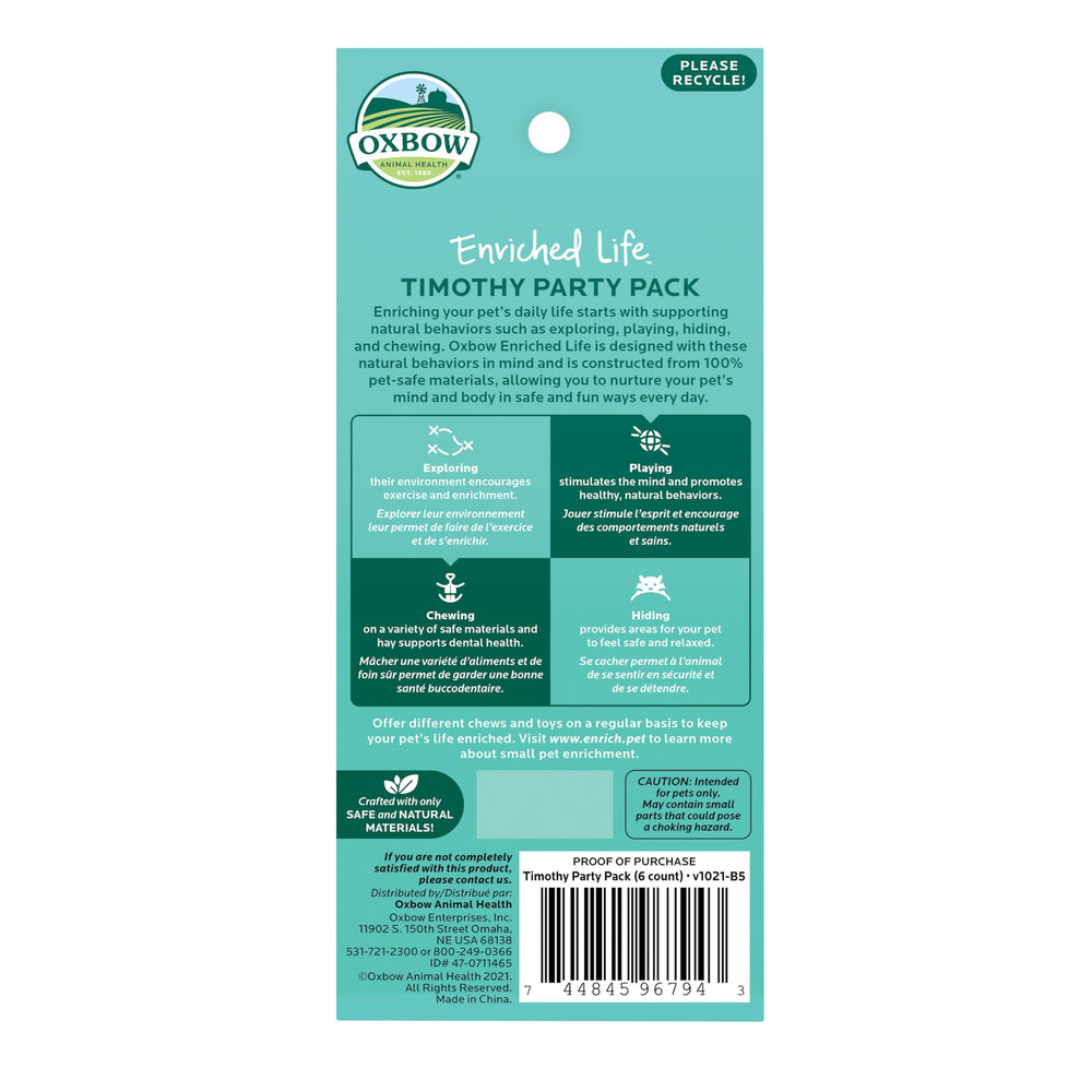 Oxbow Enriched Life Timothy Party Pack hay-filled tube for cozy forage and scent interest.