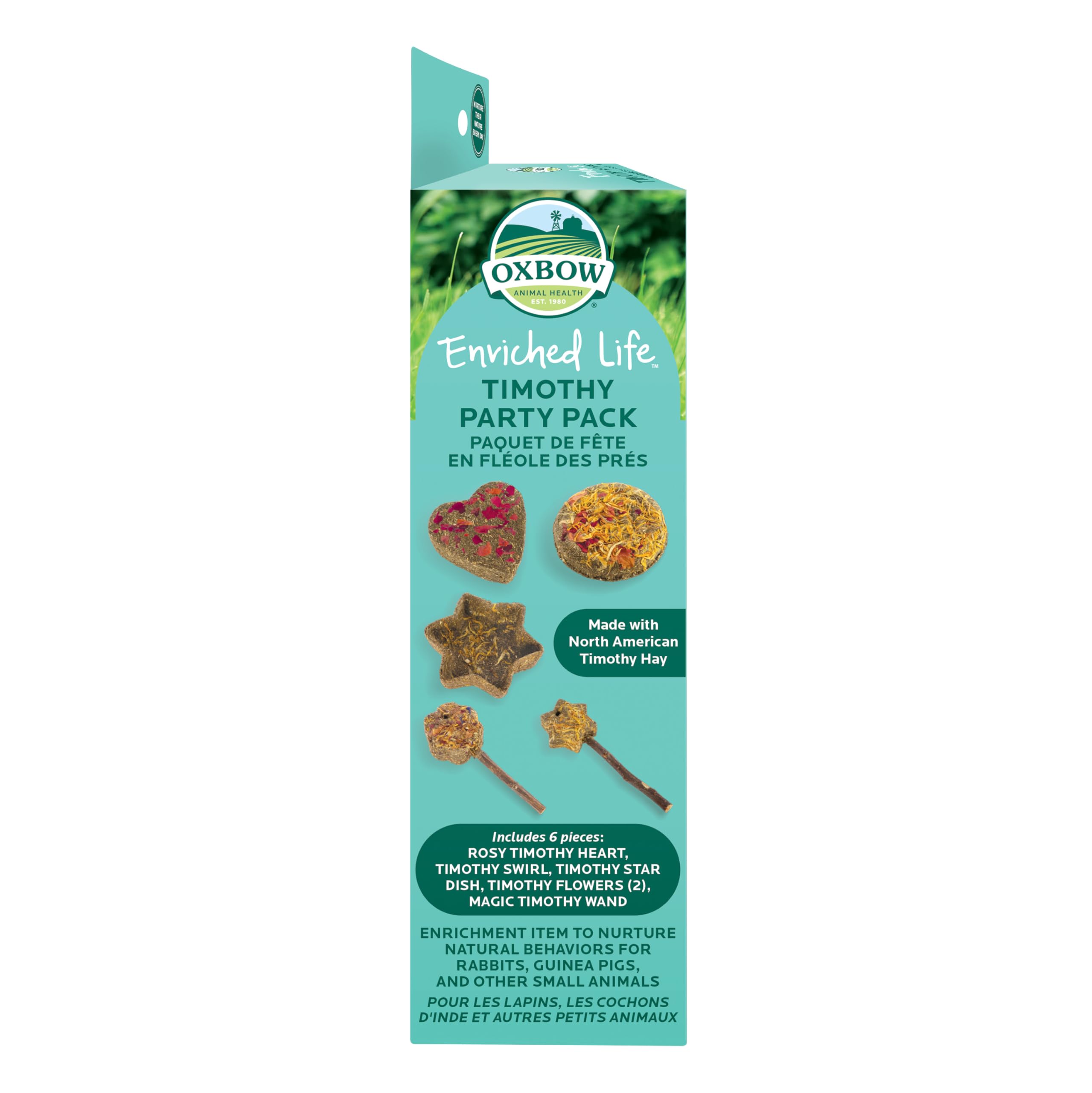 Oxbow Enriched Life Timothy Party Pack interactive wood peg supports safe enrichment.