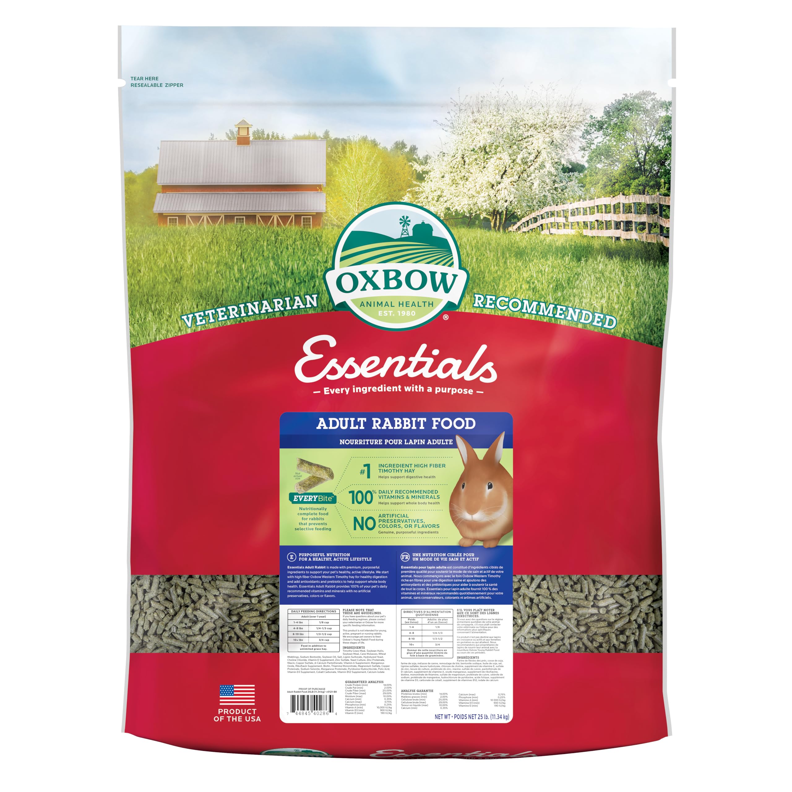 Oxbow Essentials adult rabbit food bag highlights high-fiber nutrition for healthy digestion.