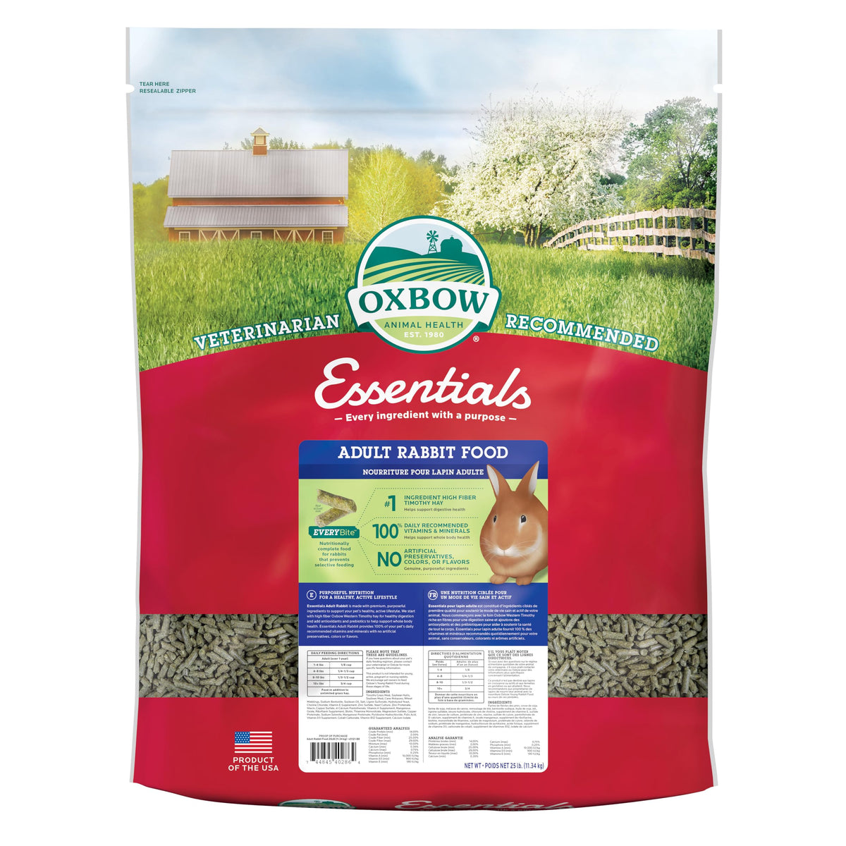 Oxbow Essentials adult rabbit food bag highlights high-fiber nutrition for healthy digestion.