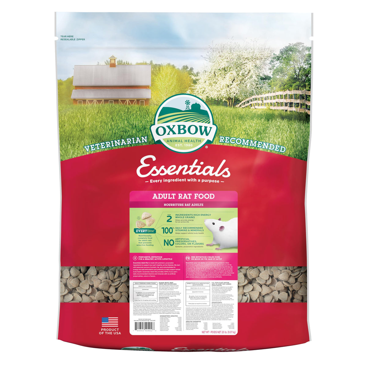 Oxbow Essentials Adult Rat Food pellets provide balanced nutrition for mature rats