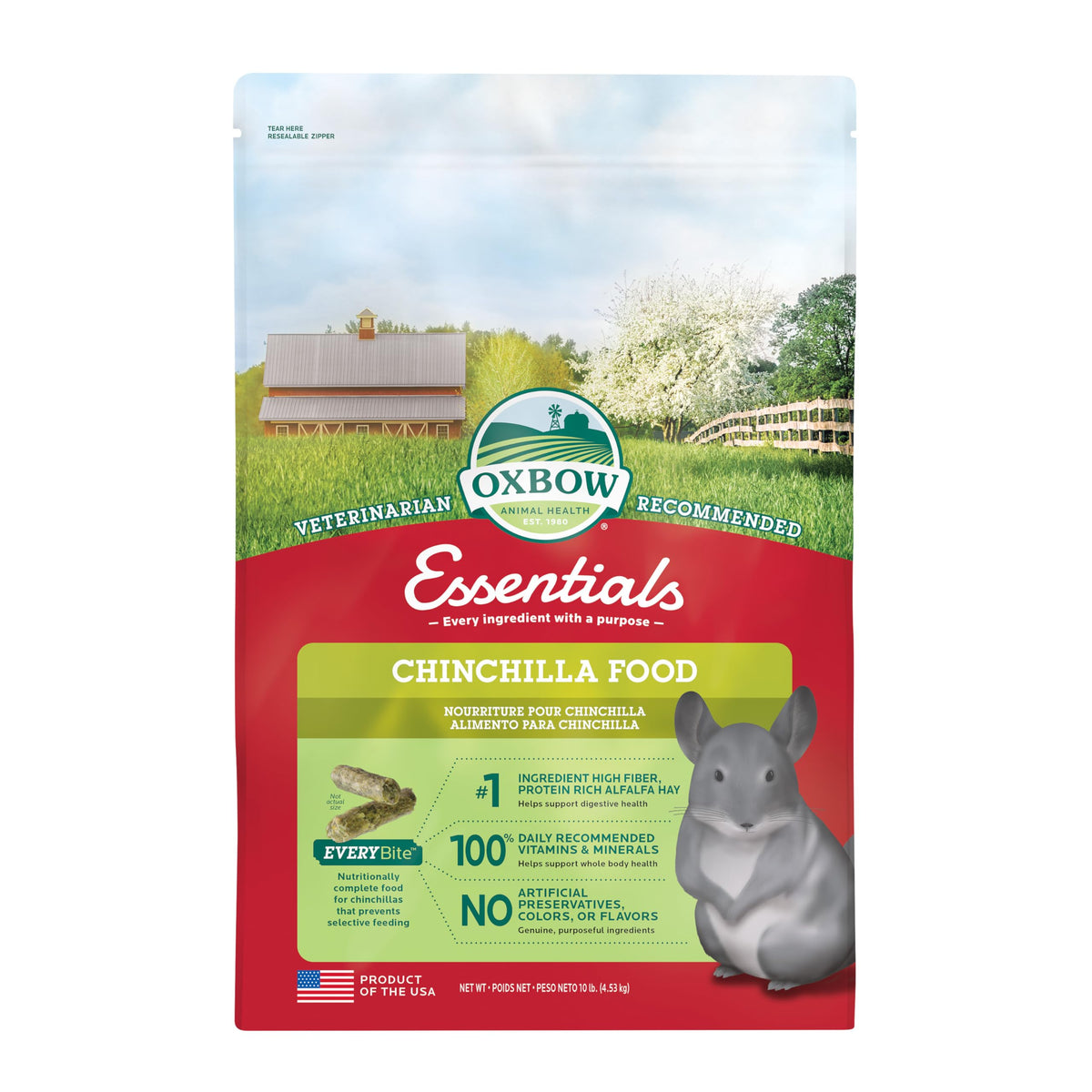 Oxbow Essentials Chinchilla Food bag promotes balanced nutrition for healthy digestion.