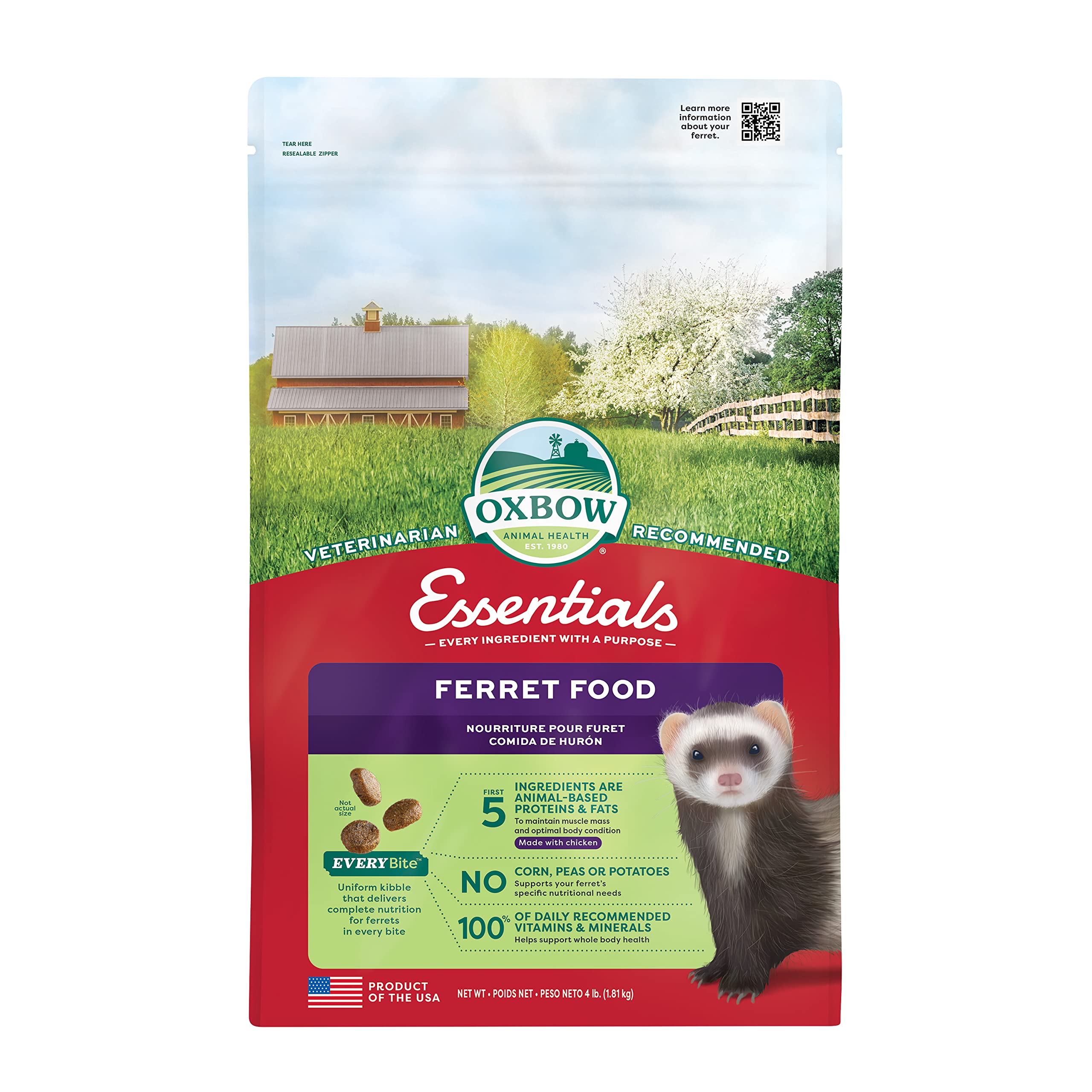 Oxbow Essentials Ferret Food bag label highlights a protein-forward formula for daily energy.