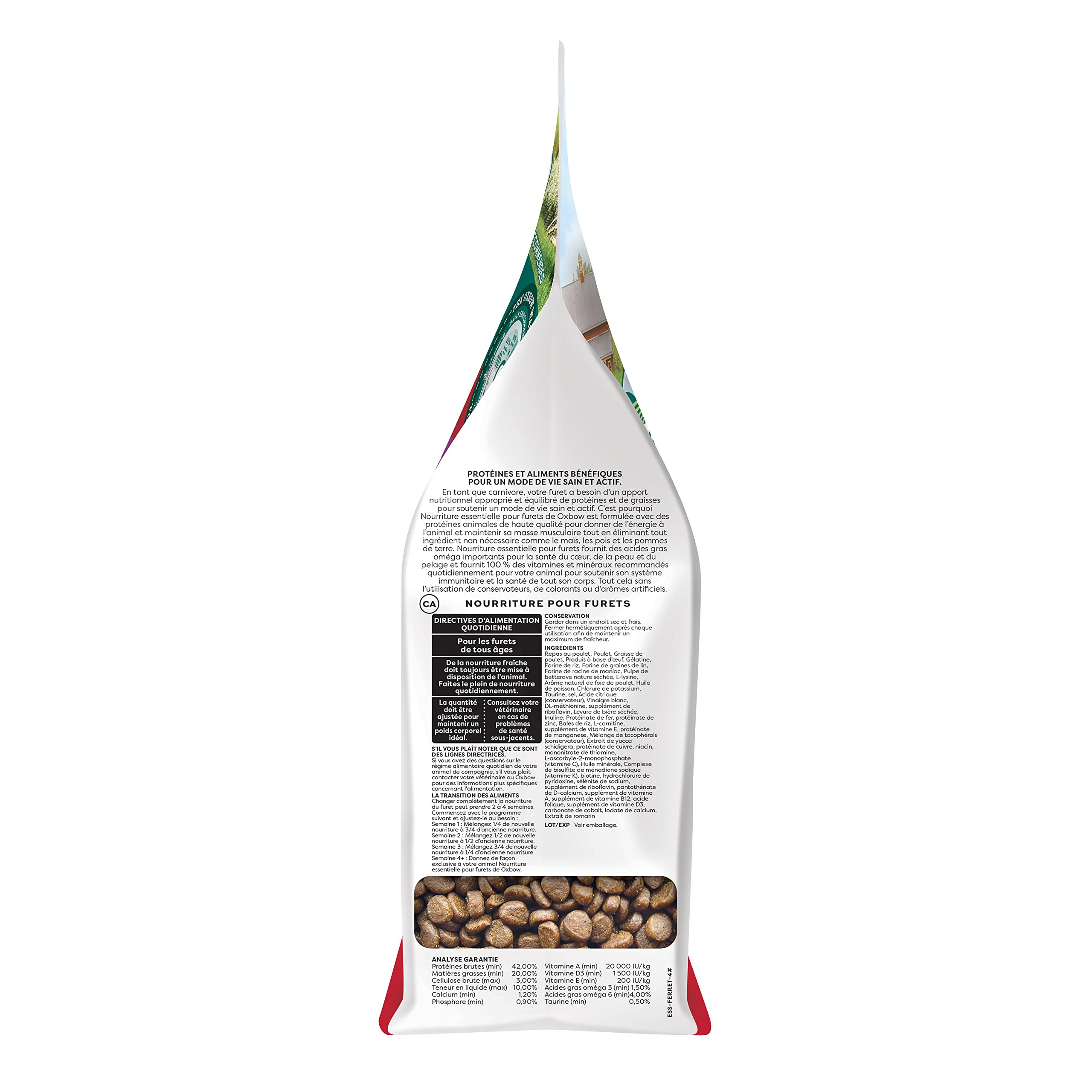 Oxbow Essentials Ferret Food grain-free formula highlights digestion-friendly ingredients.