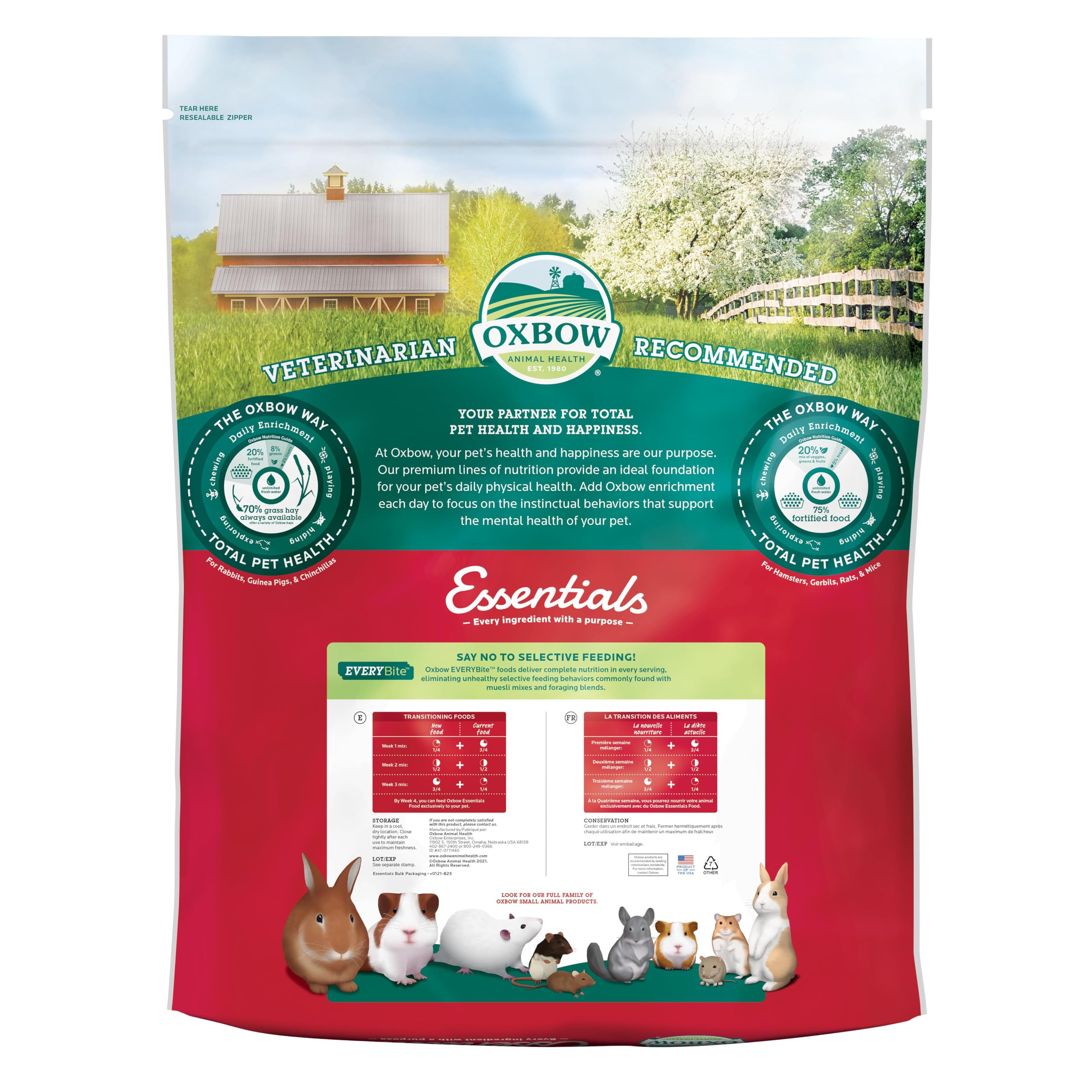 Oxbow Essentials bowl-serve of mice and rats food highlighting complete diet for growing pets
