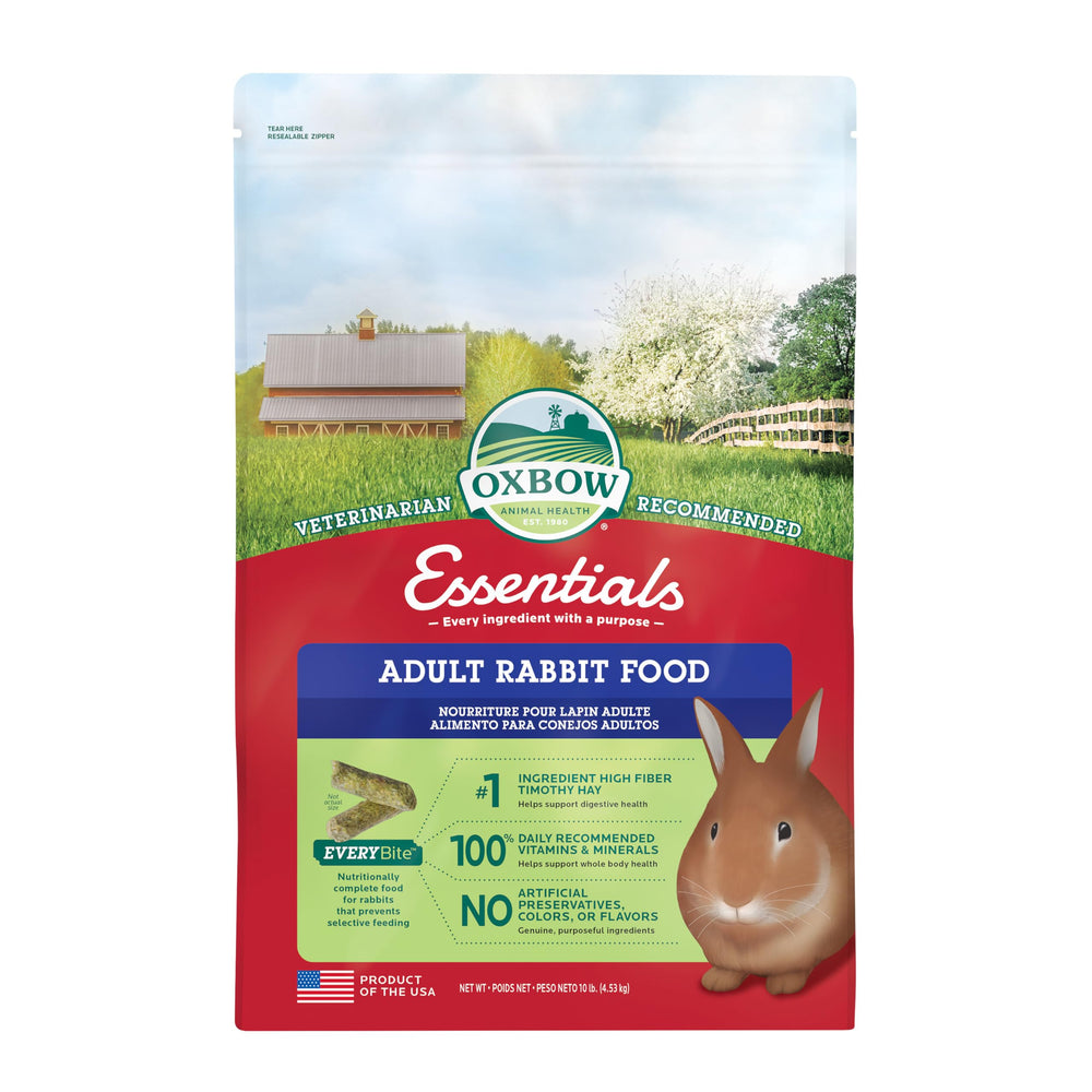 Oxbow Essentials rabbit food pellets in a bowl for balanced daily nutrition.