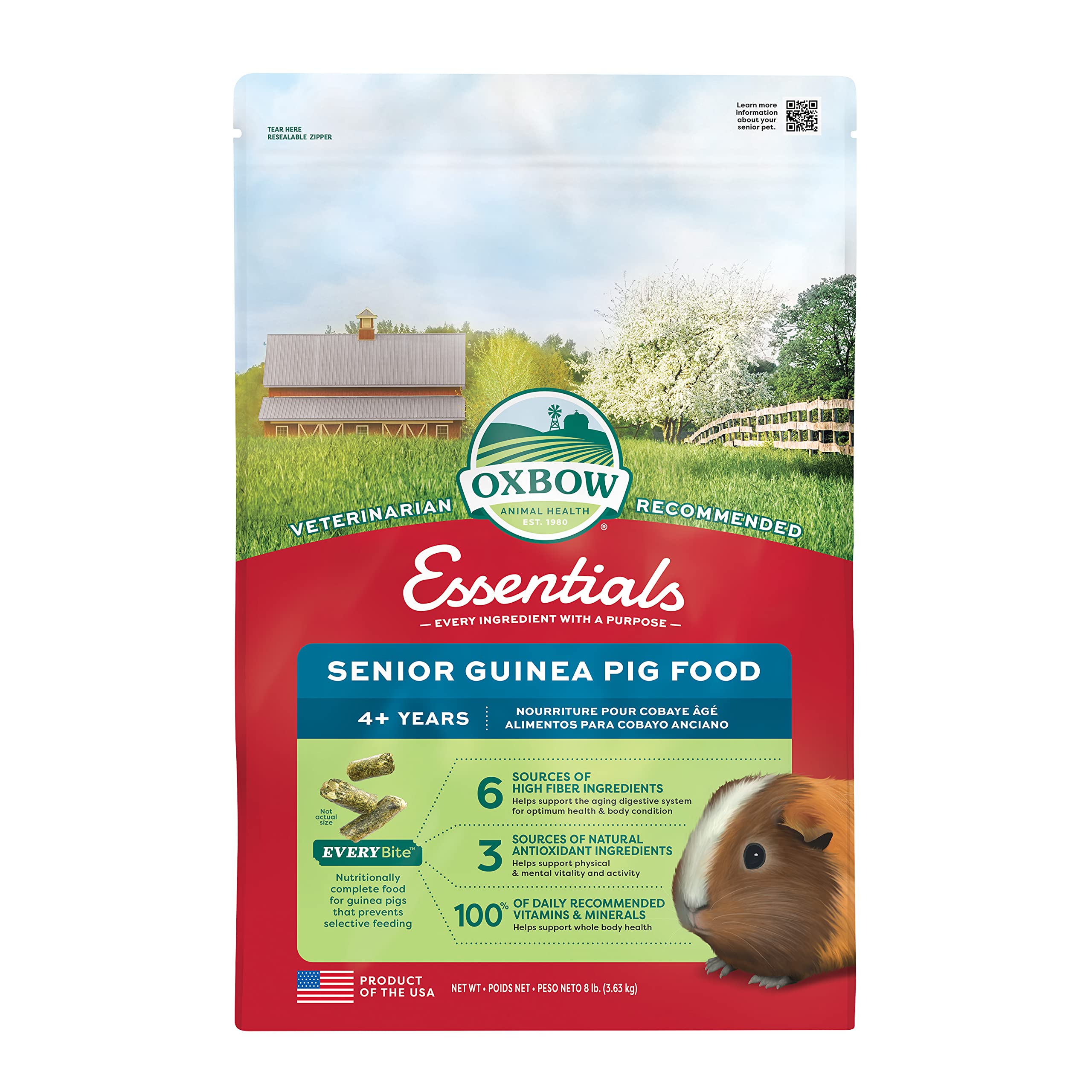 Oxbow Essentials Senior Guinea Pig Food bag shows high-fiber nutrition for older pets