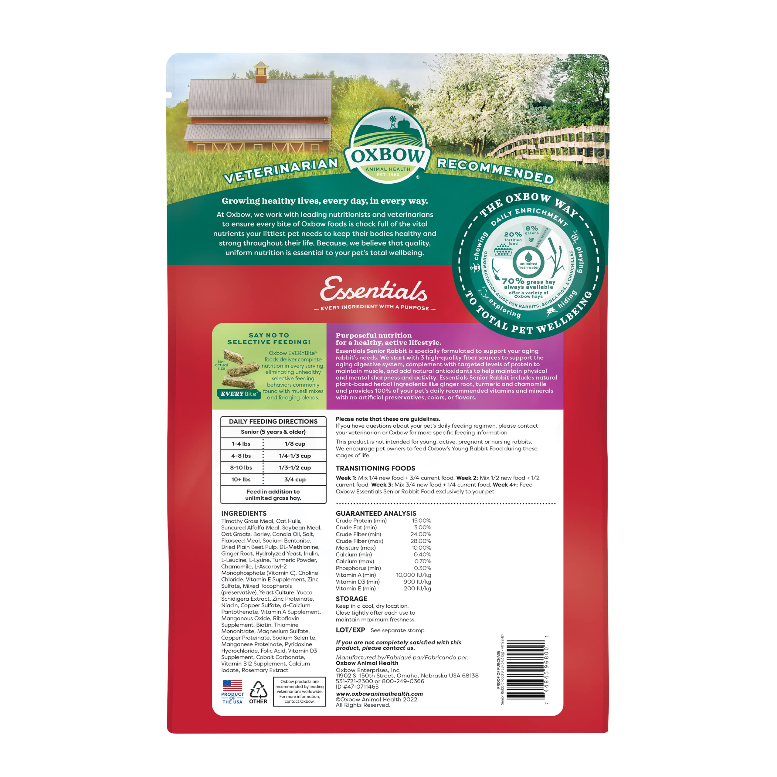 Oxbow Essentials Senior Rabbit Food bag back showing nutrition panel