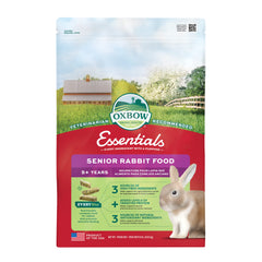 Oxbow Essentials Senior Rabbit Food bag front highlighting high-fiber formula for aging rabbits