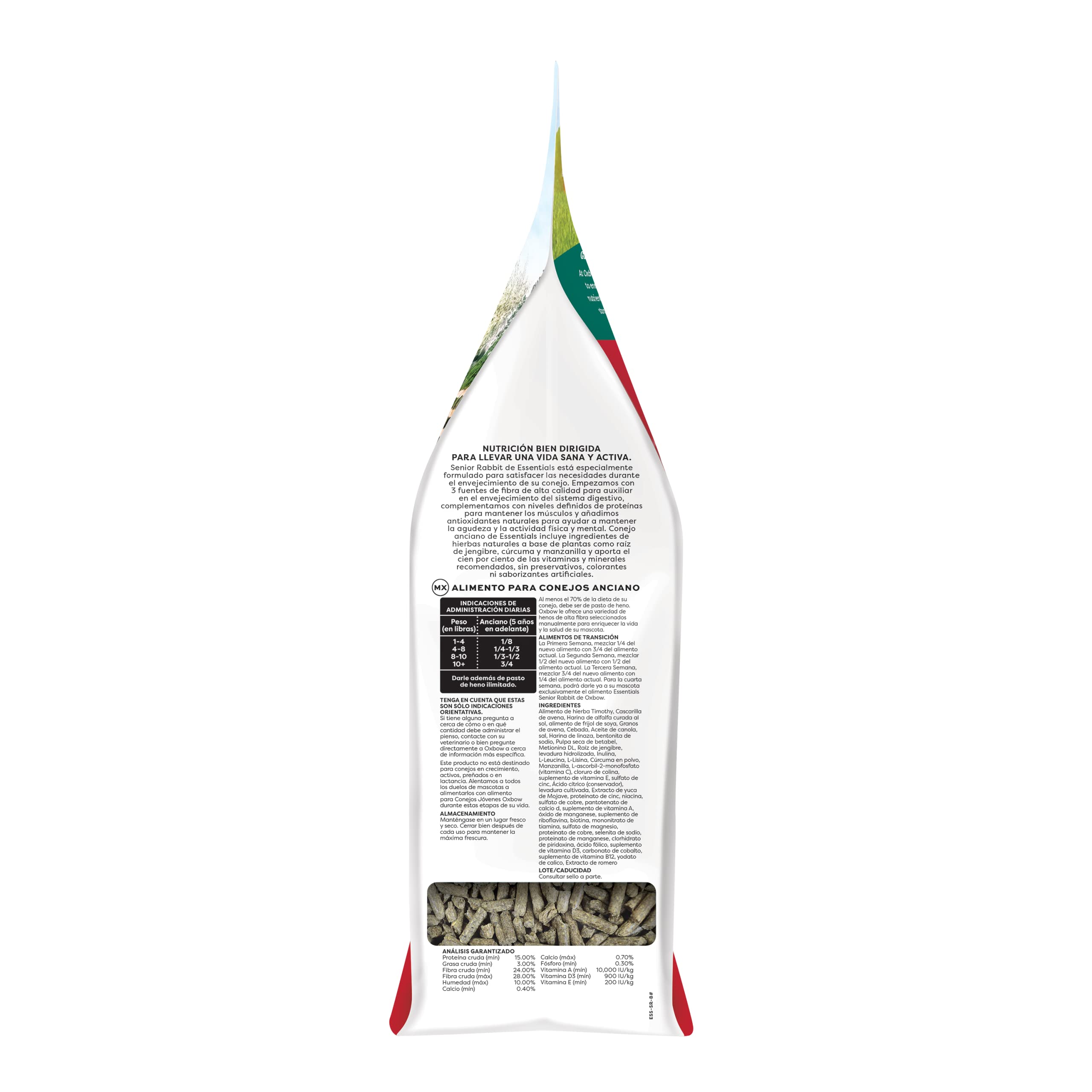 Oxbow Essentials Senior Rabbit Food ingredients panel with three fiber sources