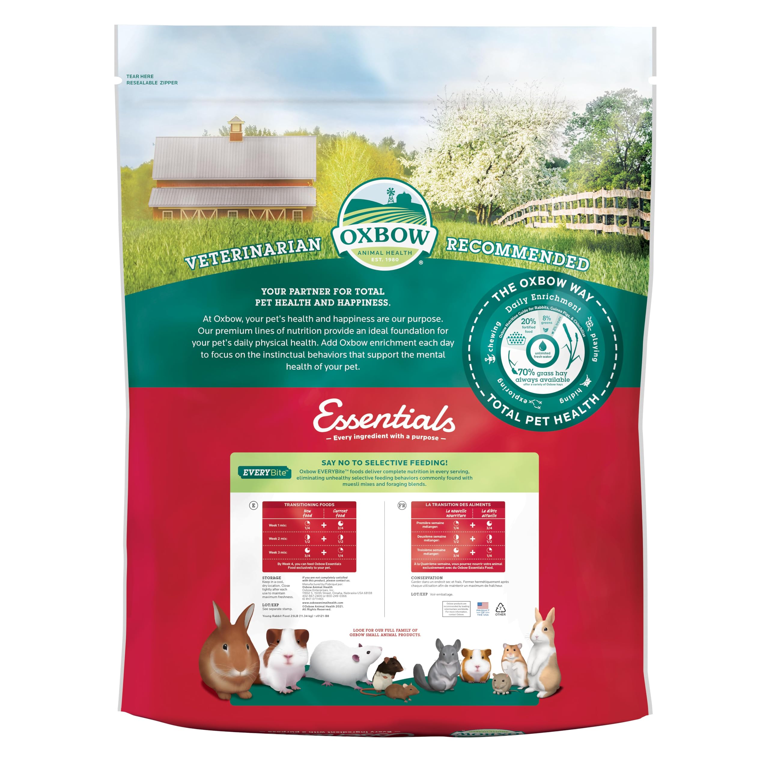 Oxbow Essentials Young Rabbit Food in a dining bowl, illustrating uniform pellets for balanced intake.