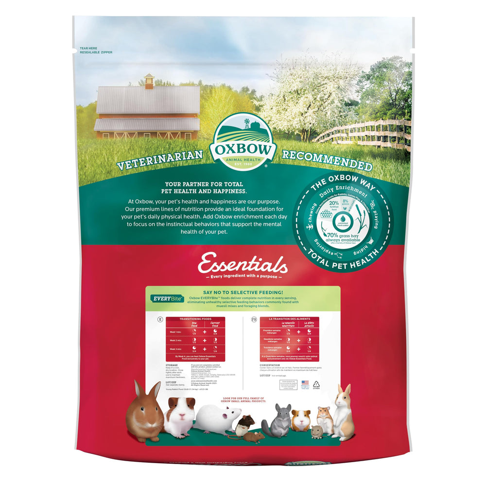 Oxbow Essentials Young Rabbit Food in a dining bowl, illustrating uniform pellets for balanced intake.