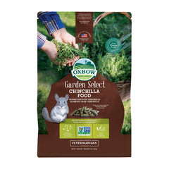 Oxbow Garden Select chinchilla food packaging shown for all ages and premium nutrition.