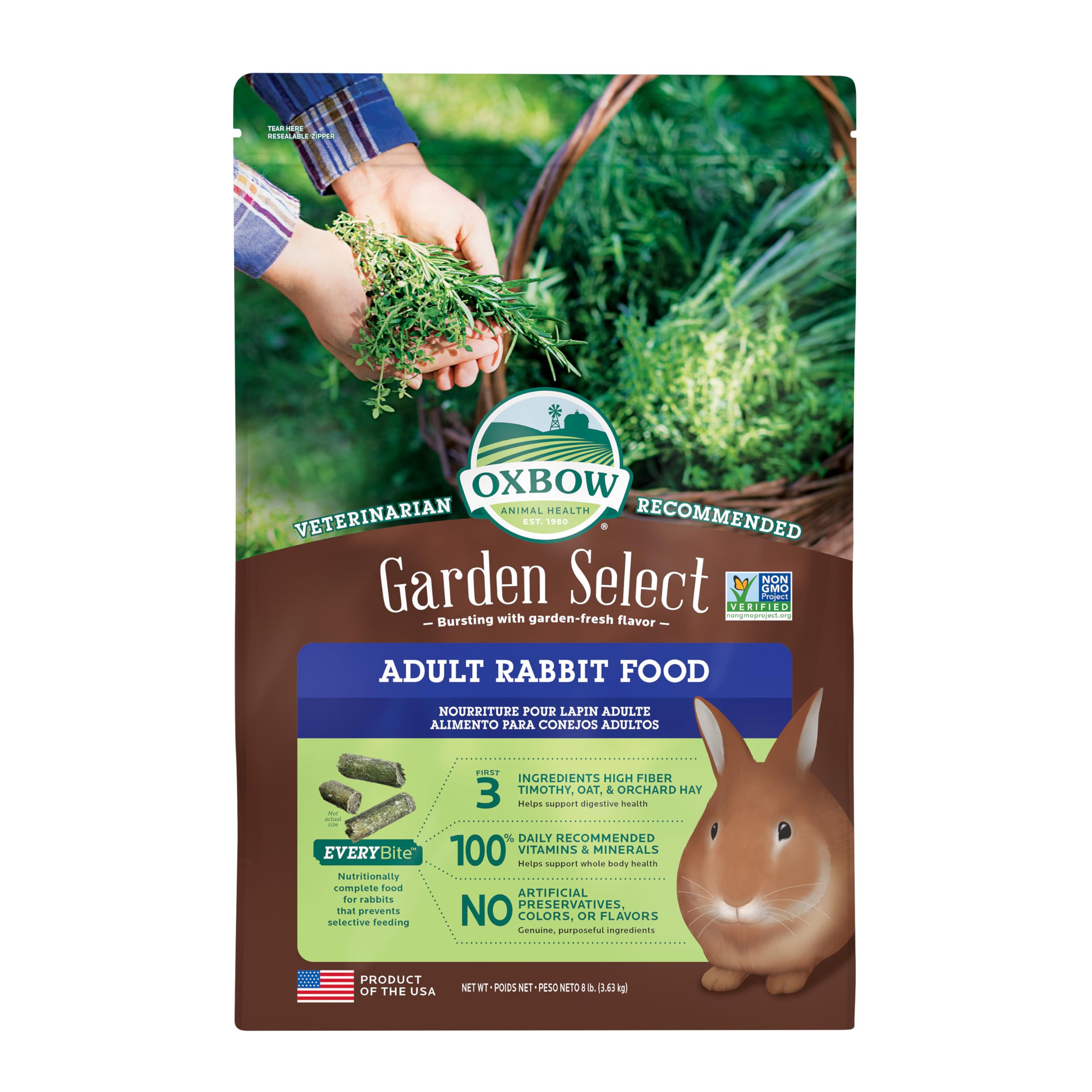Oxbow Garden Select packaging shows rabbit food pellets for consistent nutrition.