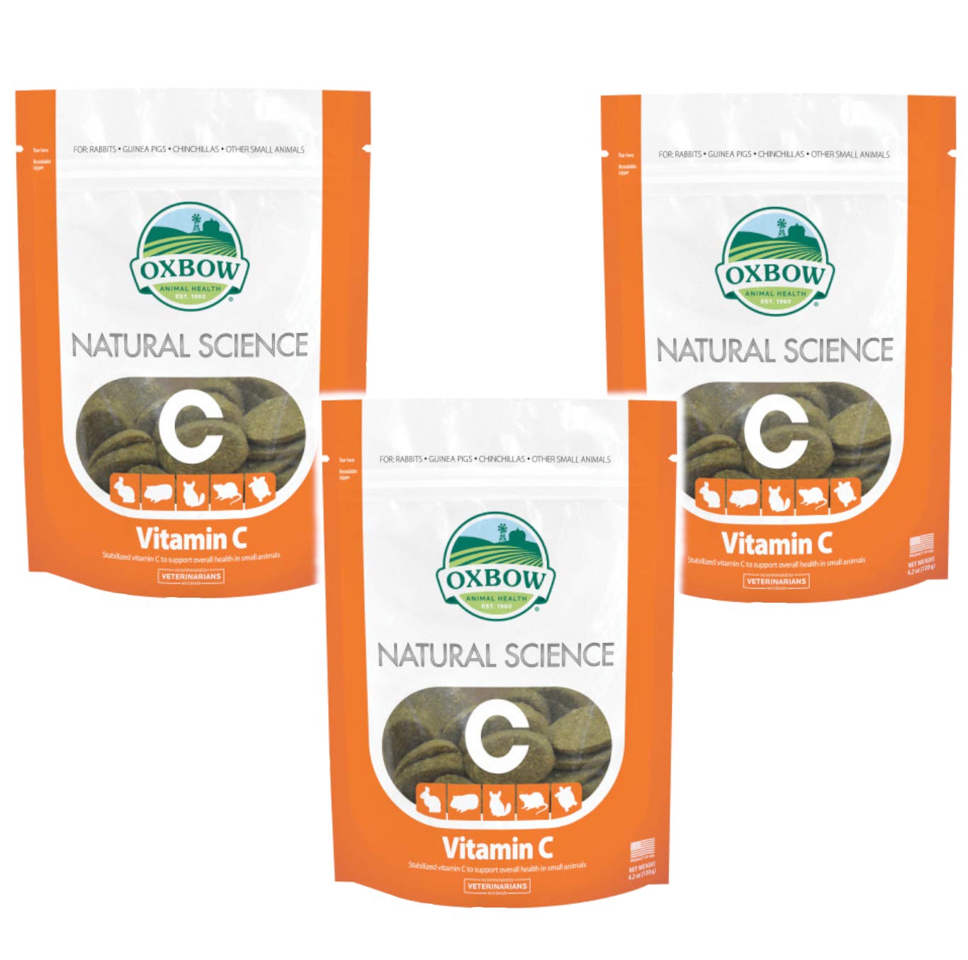 Oxbow Natural Science Vitamin C bottle front supports small pet wellness with high-fiber formula.