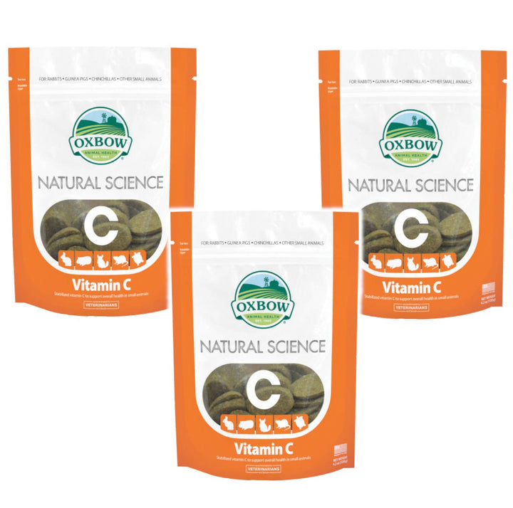 Oxbow Natural Science Vitamin C bottle front supports small pet wellness with high-fiber formula.