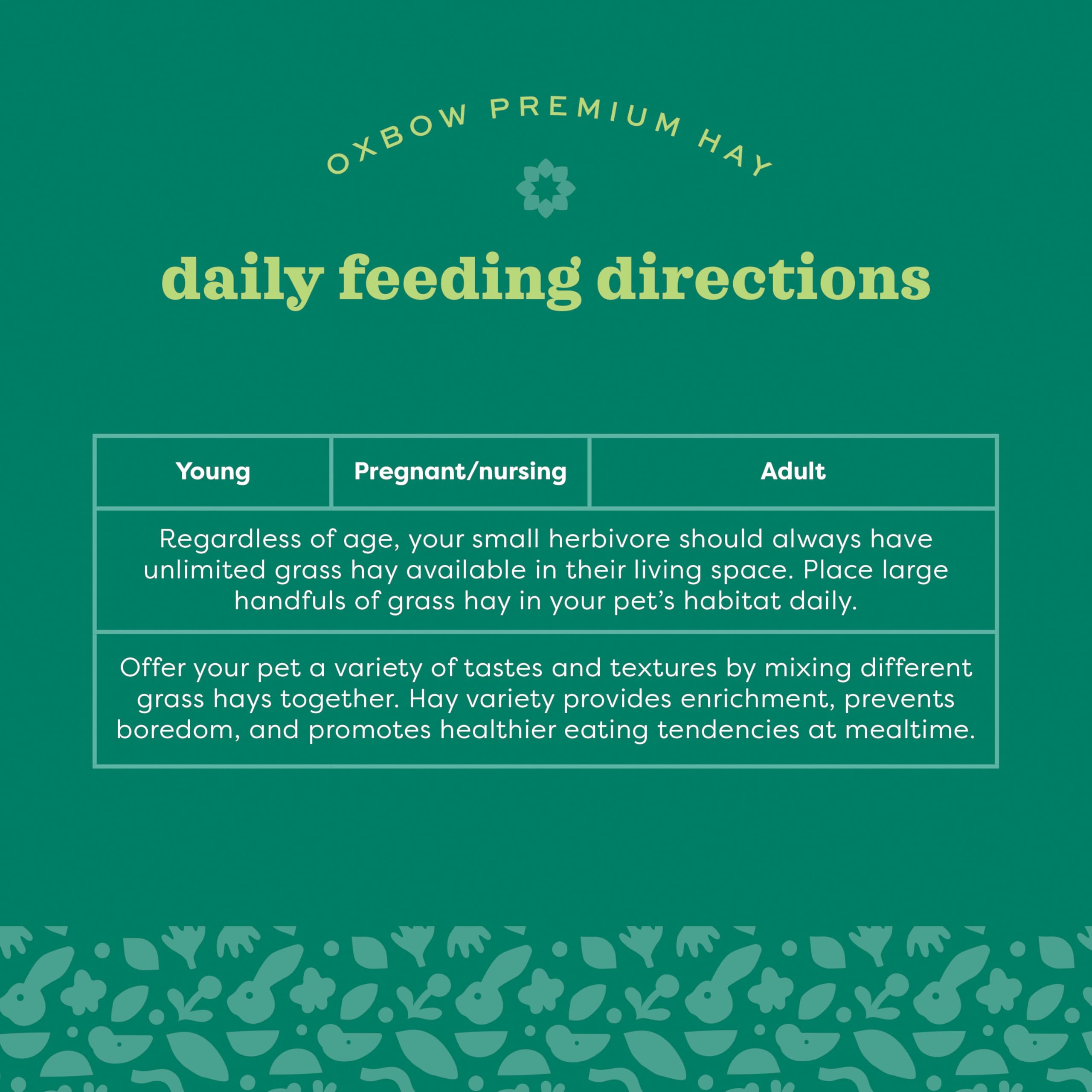 Oxbow Orchard Grass Hay high-fiber formula aids healthy digestion and dental wear.