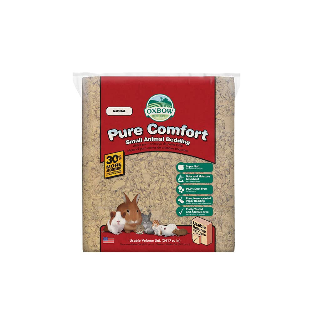 Oxbow Pure Comfort Bedding packaging showcases a clean, low-dust option for small pets.
