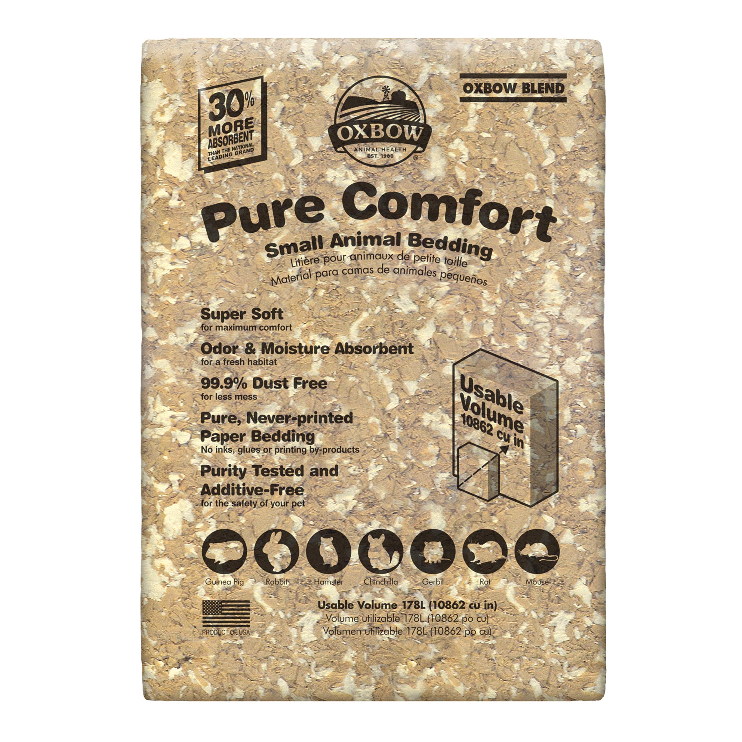 Oxbow Pure Comfort White Bedding spread in a cage for soft, low-dust pet bedding.