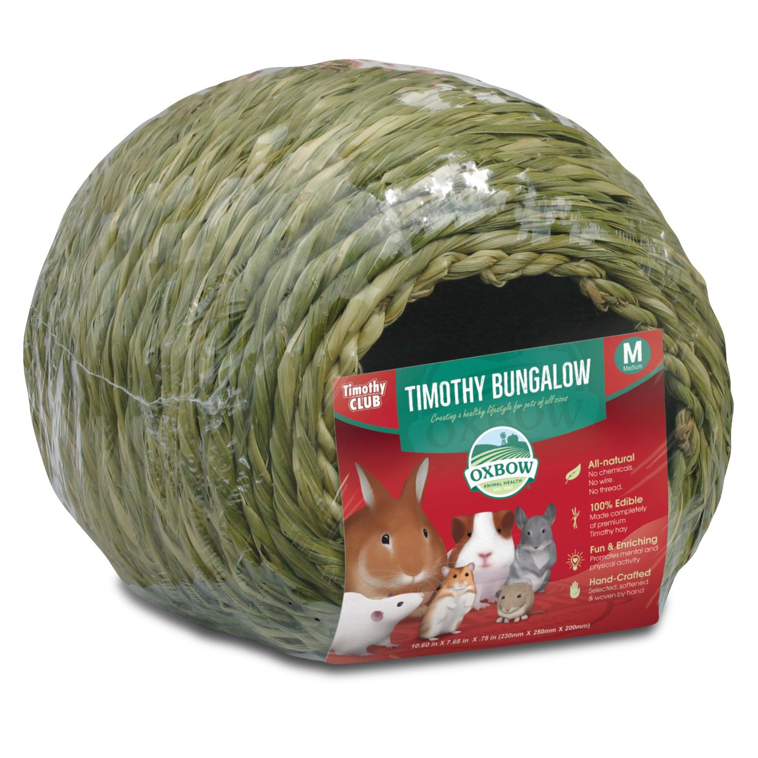 Oxbow Timothy Hay Bungalow edible hideout provides safe chewing and resting for small pets.