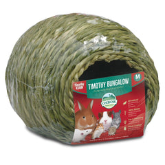 Oxbow Timothy Hay Bungalow edible hideout provides safe chewing and resting for small pets.