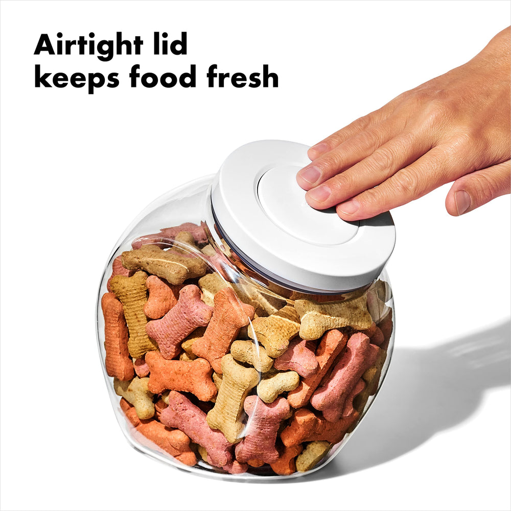 OXO Good Grips Pet POP container touch-button opening enables simple one-handed use.