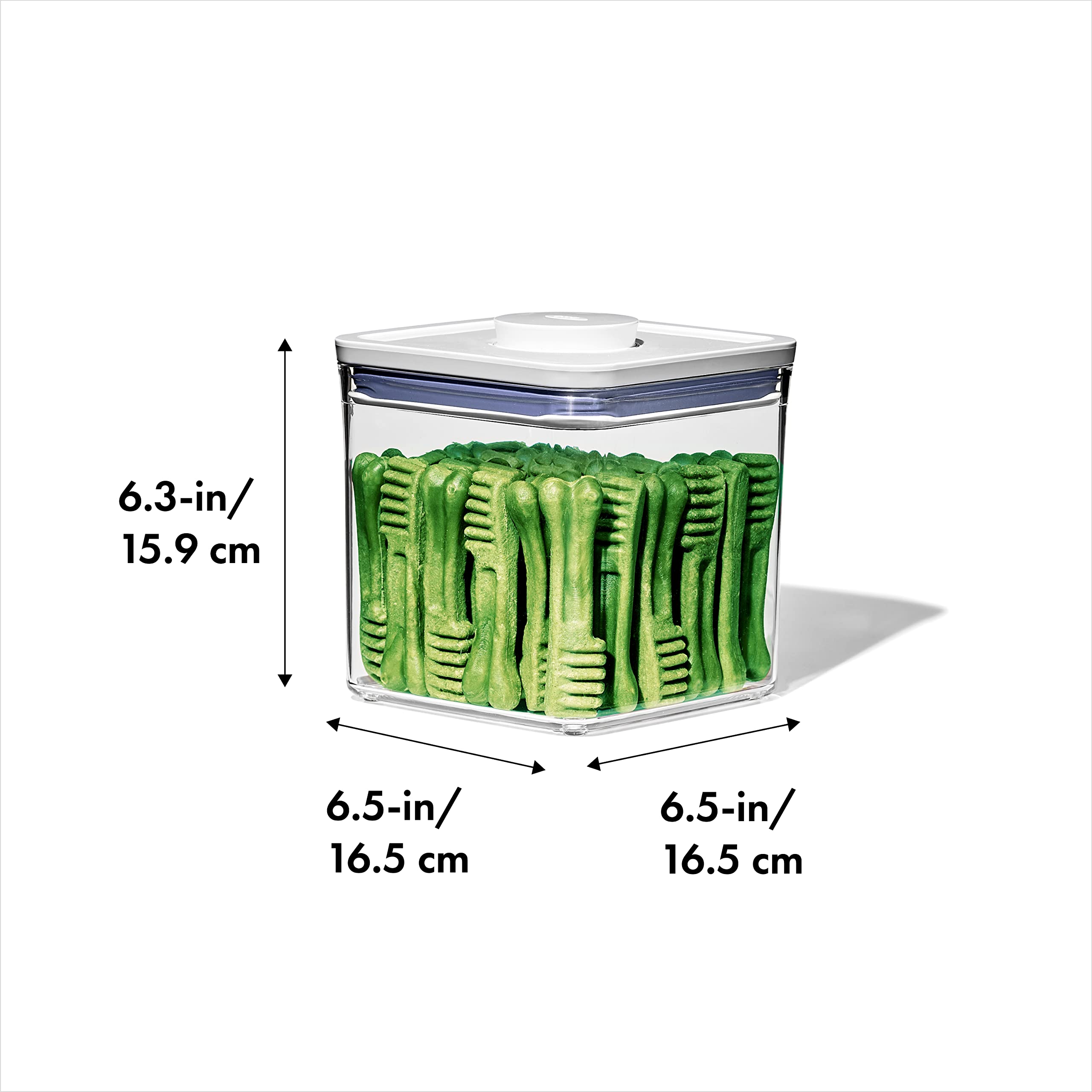 Airtight lid seals the OXO Good Grips Pet POP container to preserve treats.