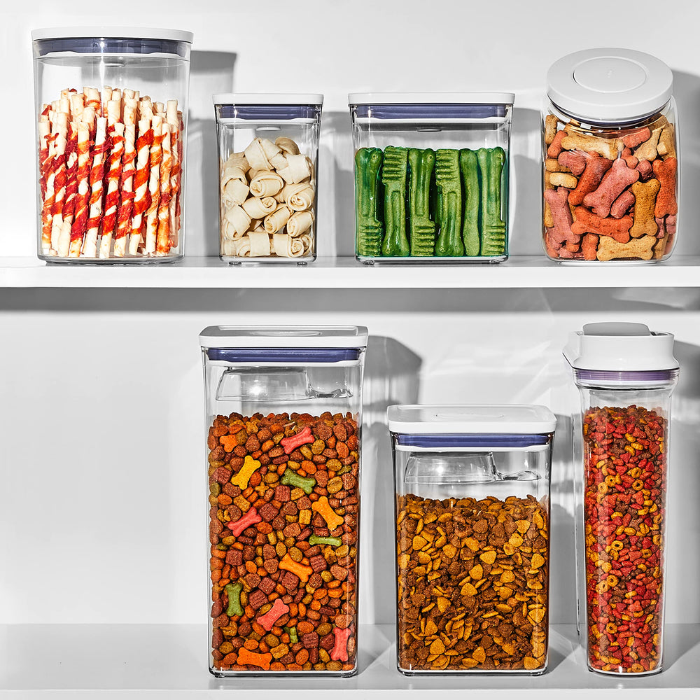 OXO Good Grips Pet POP Container organized pantry setup for pets.