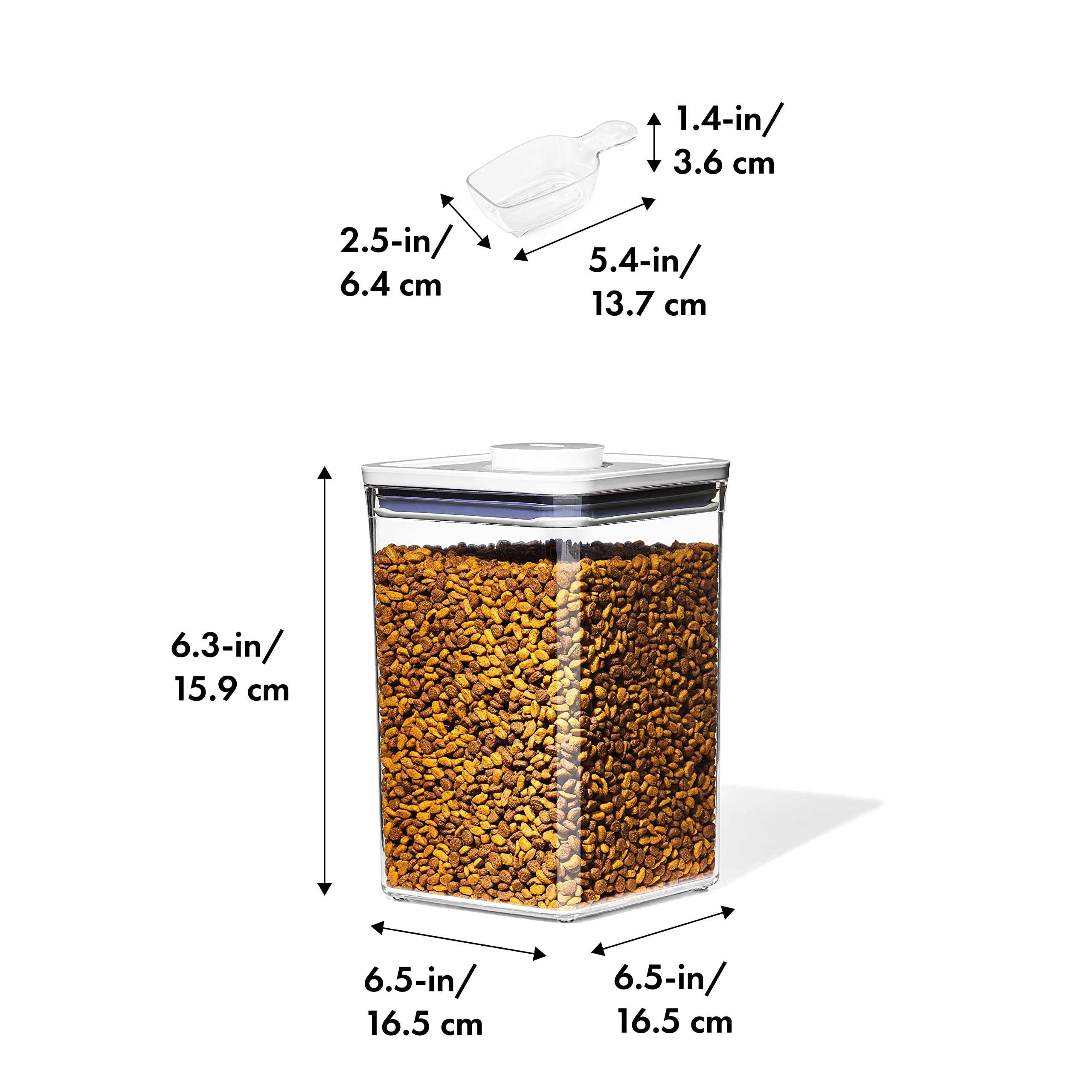 OXO Good Grips Pet POP Container showing detachable scoop for easy serving.