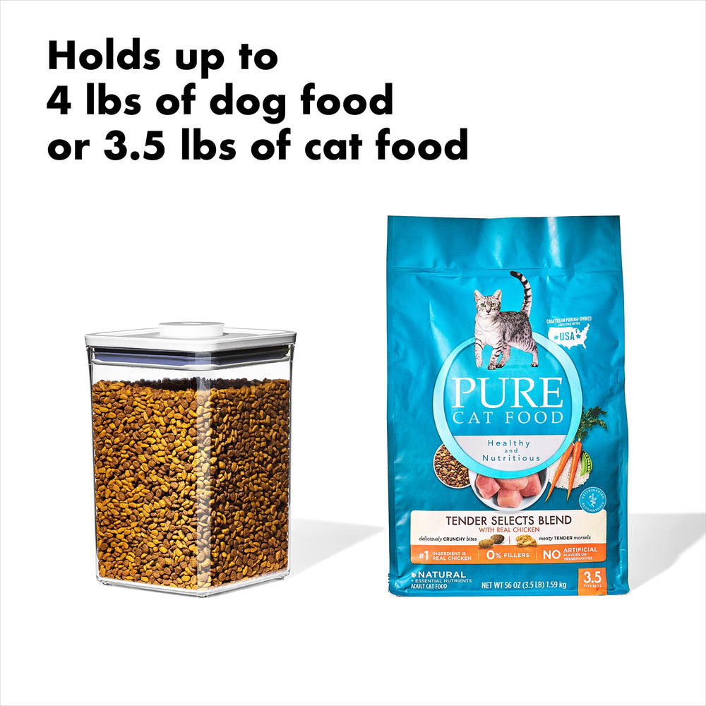 OXO Good Grips Pet POP Container stackable square design saves shelf space.