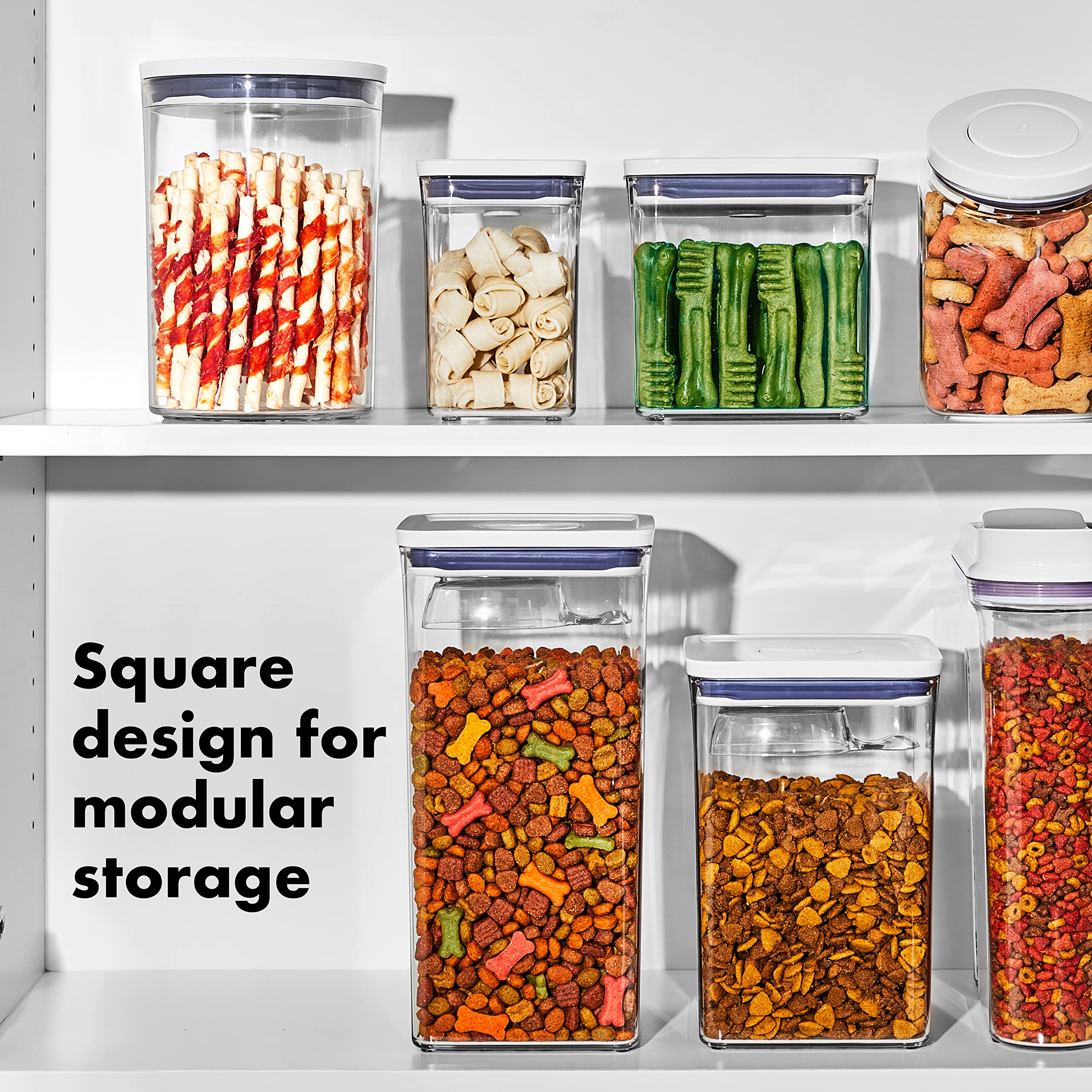 Lid comes apart for easy cleaning on the OXO Good Grips Pet POP container.