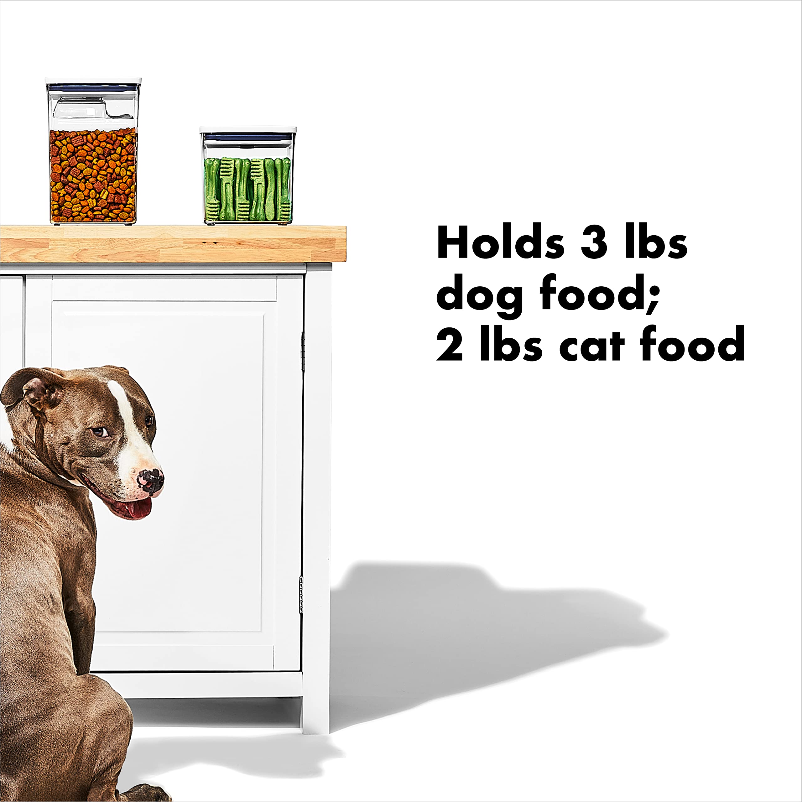 The square shape of the OXO Good Grips Pet POP container enables modular storage.