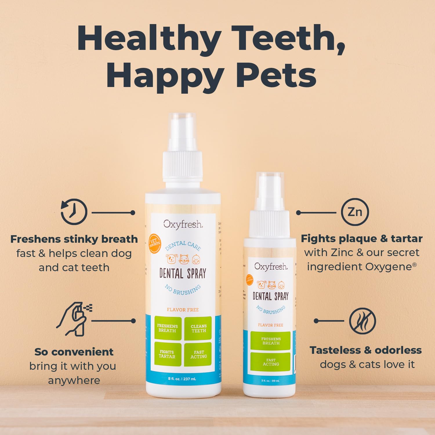 Oxyfresh spray shown on a dog portrait for fresh breath.