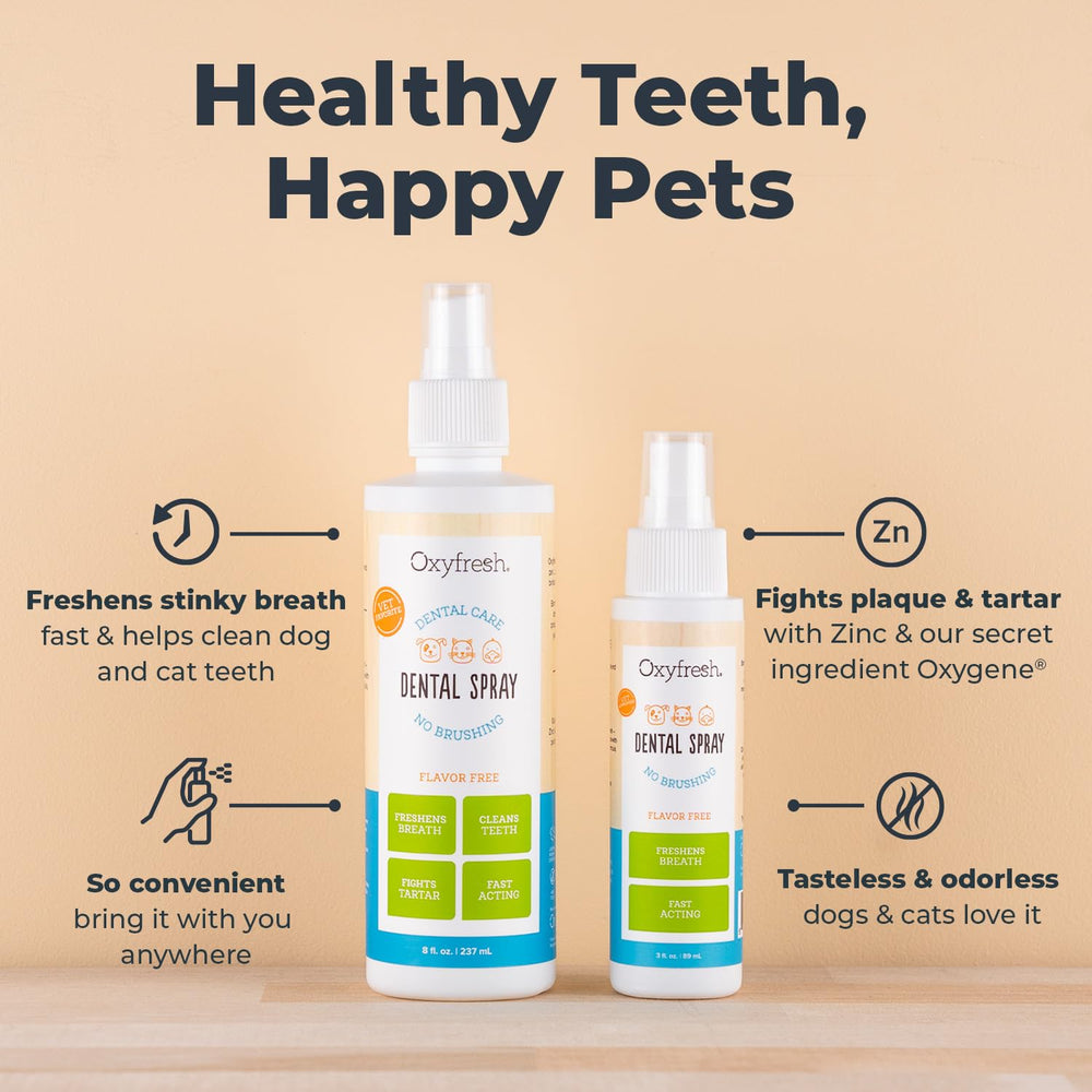 Oxyfresh spray shown on a dog portrait for fresh breath.